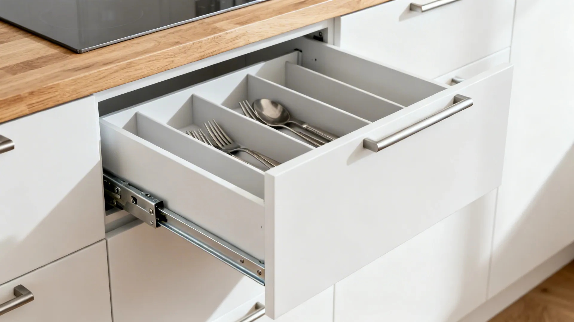 White kitchen drawer with silver metal handles pulled open showing forks and spoons inside dividers