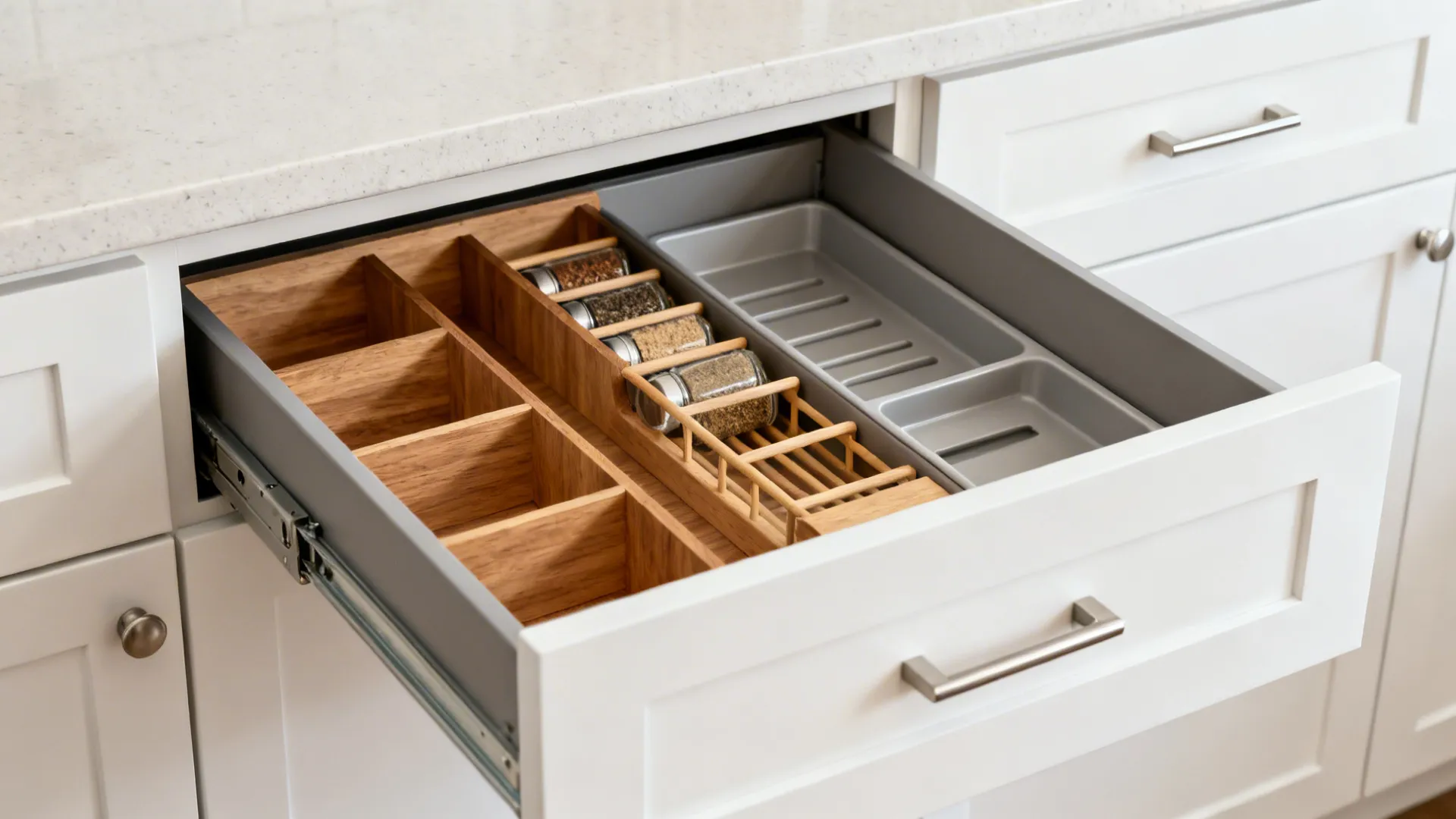 Open kitchen drawer with wooden spice rack glass jars and grey plastic tray for organized