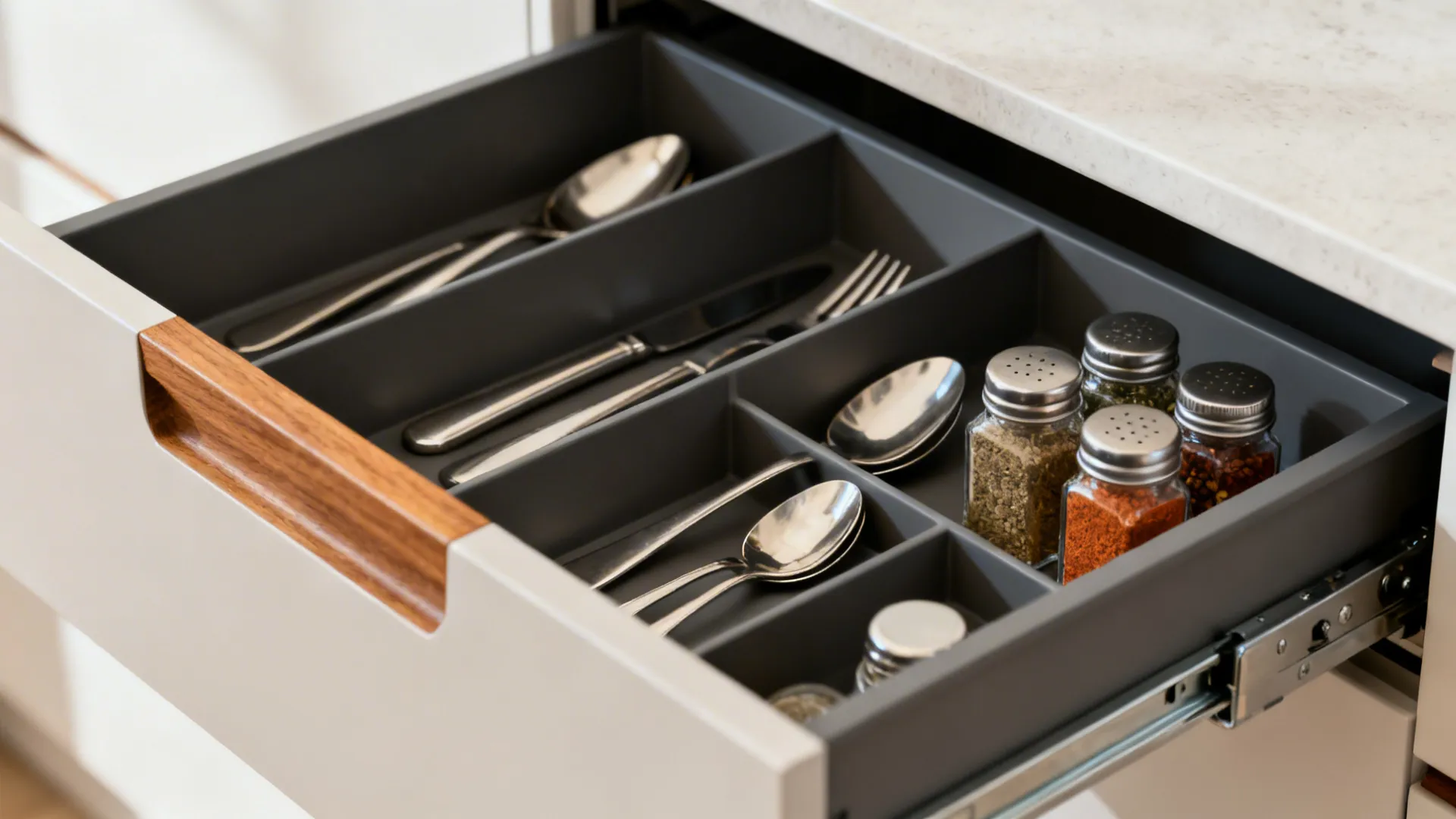 Macro of a shallow drawer with dividers and soft-close hardware in a matte cabinet front.