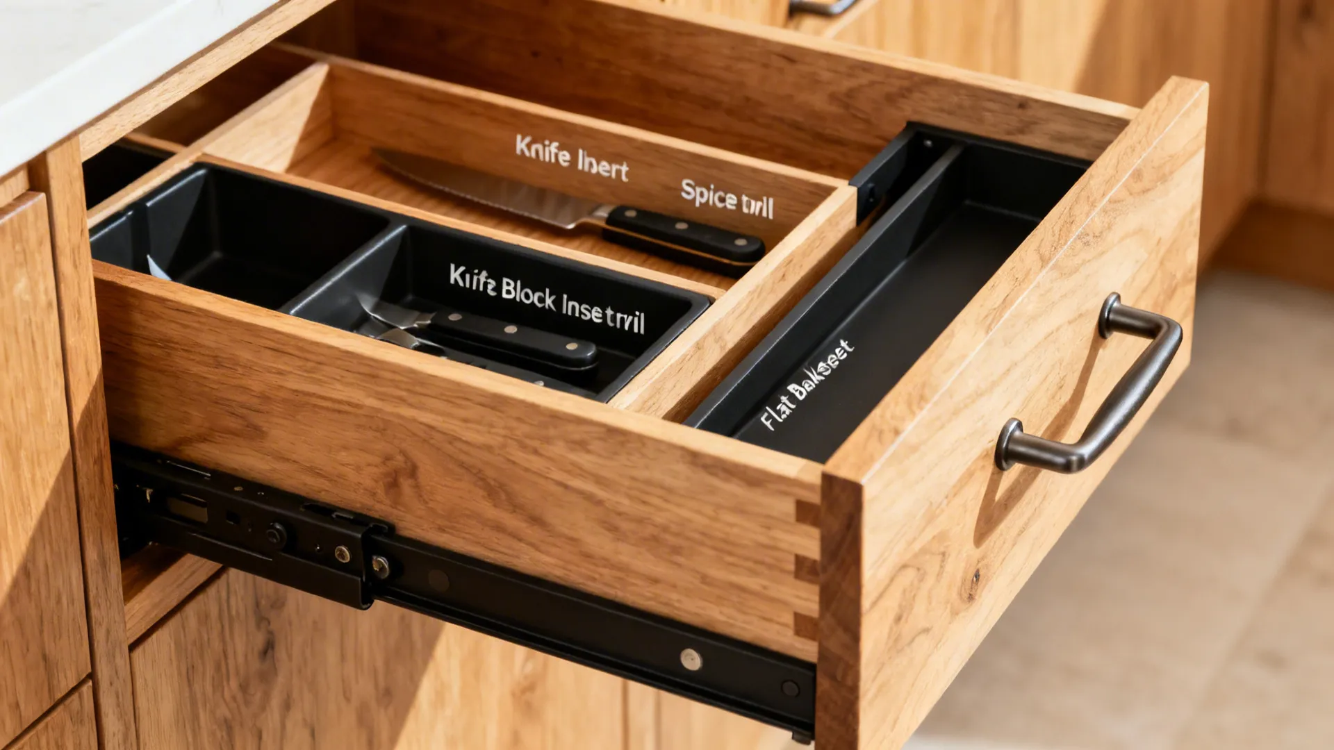 Macro of organized kitchen drawer with knife block, spice pull-out, and tray slots in warm oak.