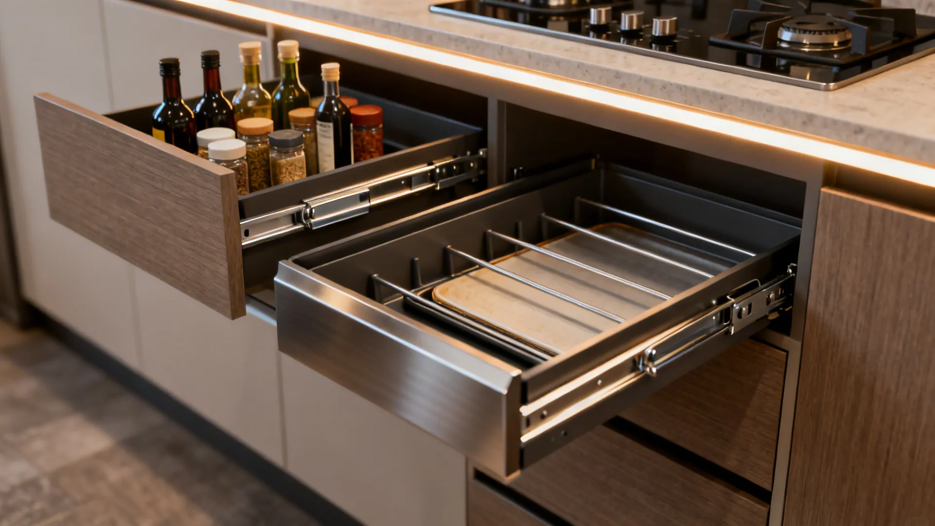 Macro of soft-close spice drawer and tray divider under warm task lighting.