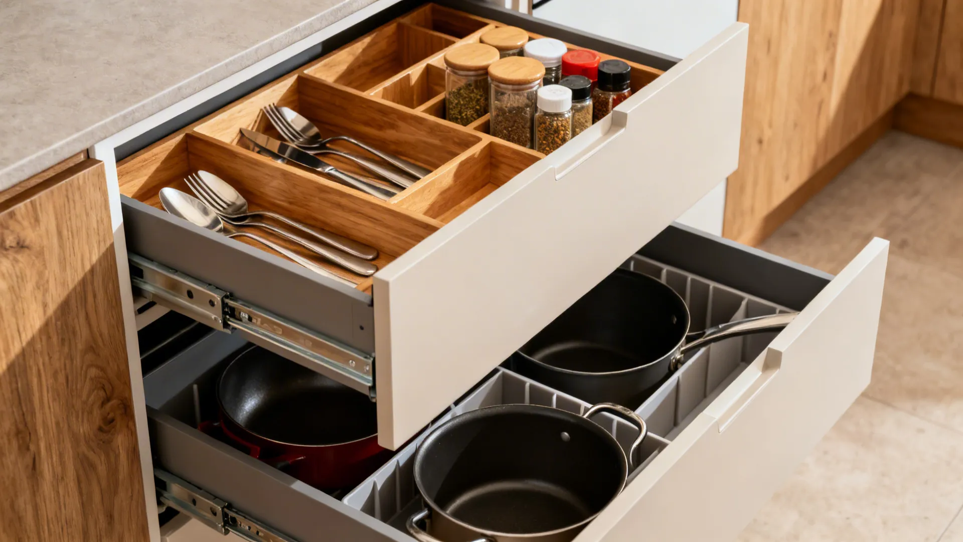 Macro of organized kitchen drawers with oak dividers for utensils and pots.