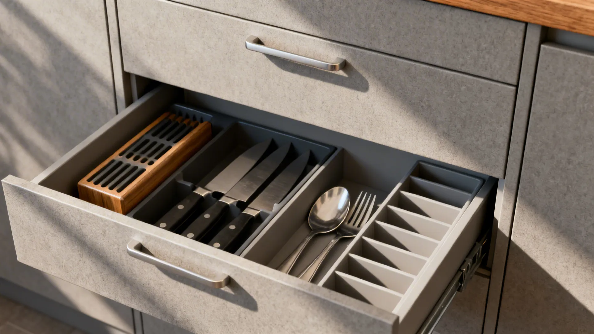 Idea 1: Minimalist storage with clear prep zones