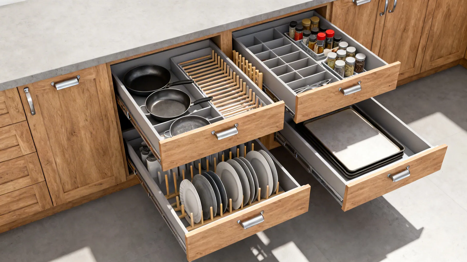 Top-down view of base cabinet drawers with dividers and organizers neatly arranged.