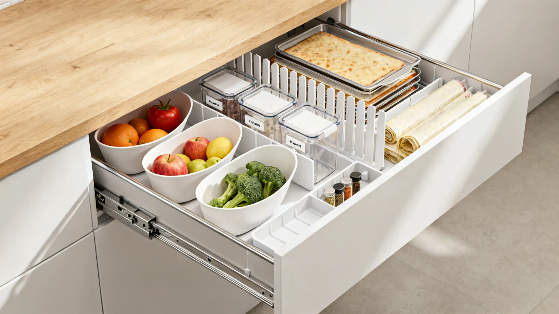 Drawer pantry components laid out: scooped bins, clear containers, dividers, and slides.