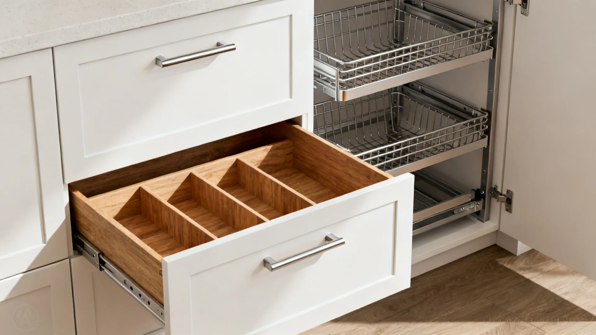 Macro of deep drawer with tray dividers and a pull-out pantry showing tiered baskets.