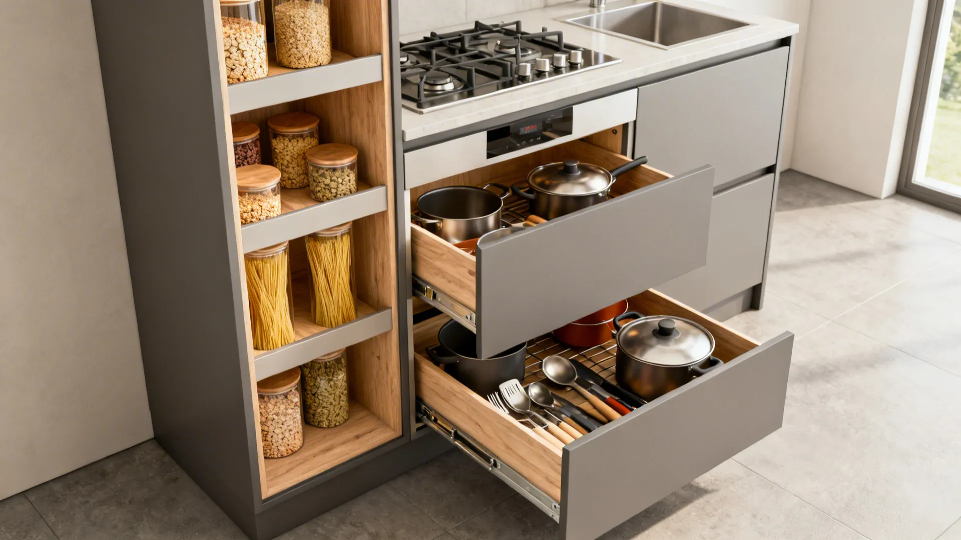 Full-extension drawer bases and a tall shallow pantry tower organized for easy reach in a small kitchen.