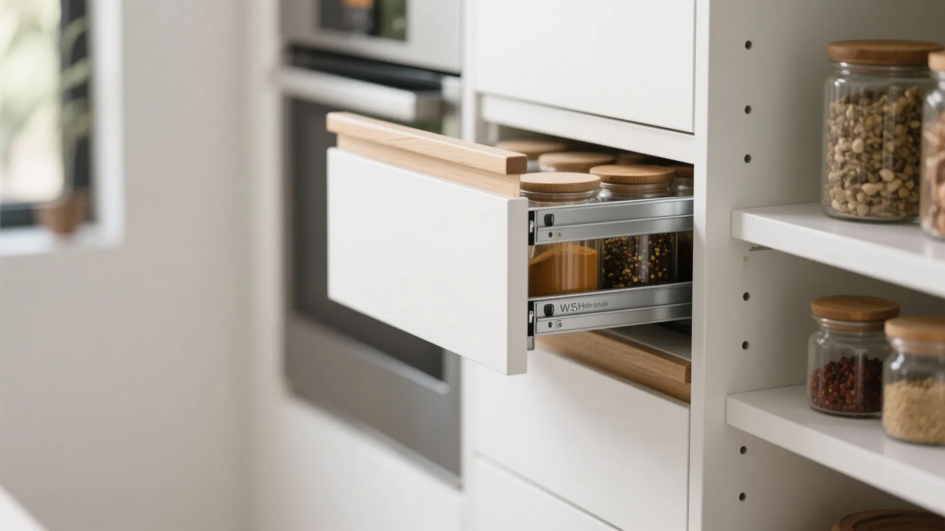 White kitchen cabinet drawer pulling out to show glass spice jars with wooden lids inside