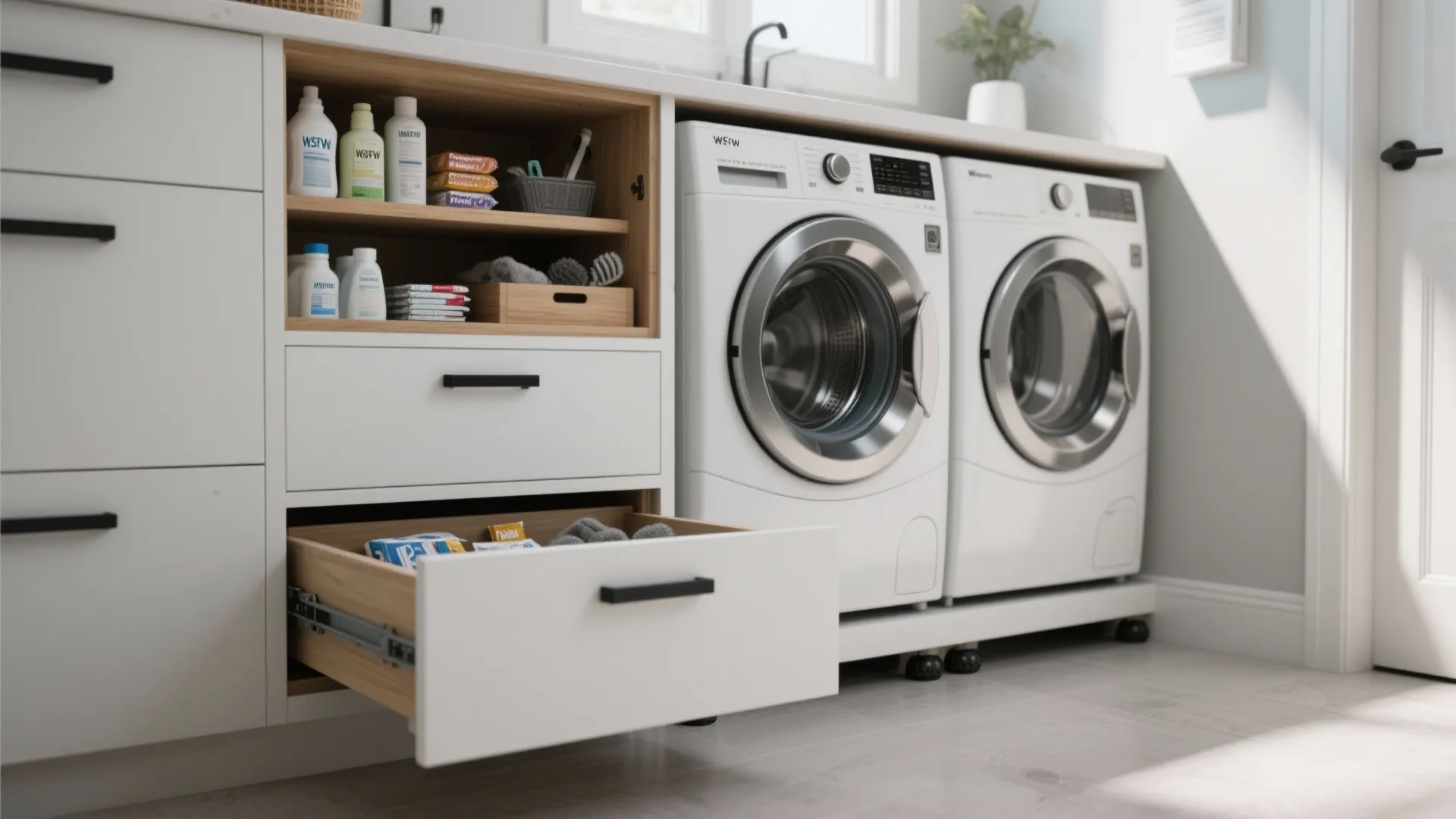 Laundry room with white washing machines under counter featuring open storage drawers for cleaning supplies