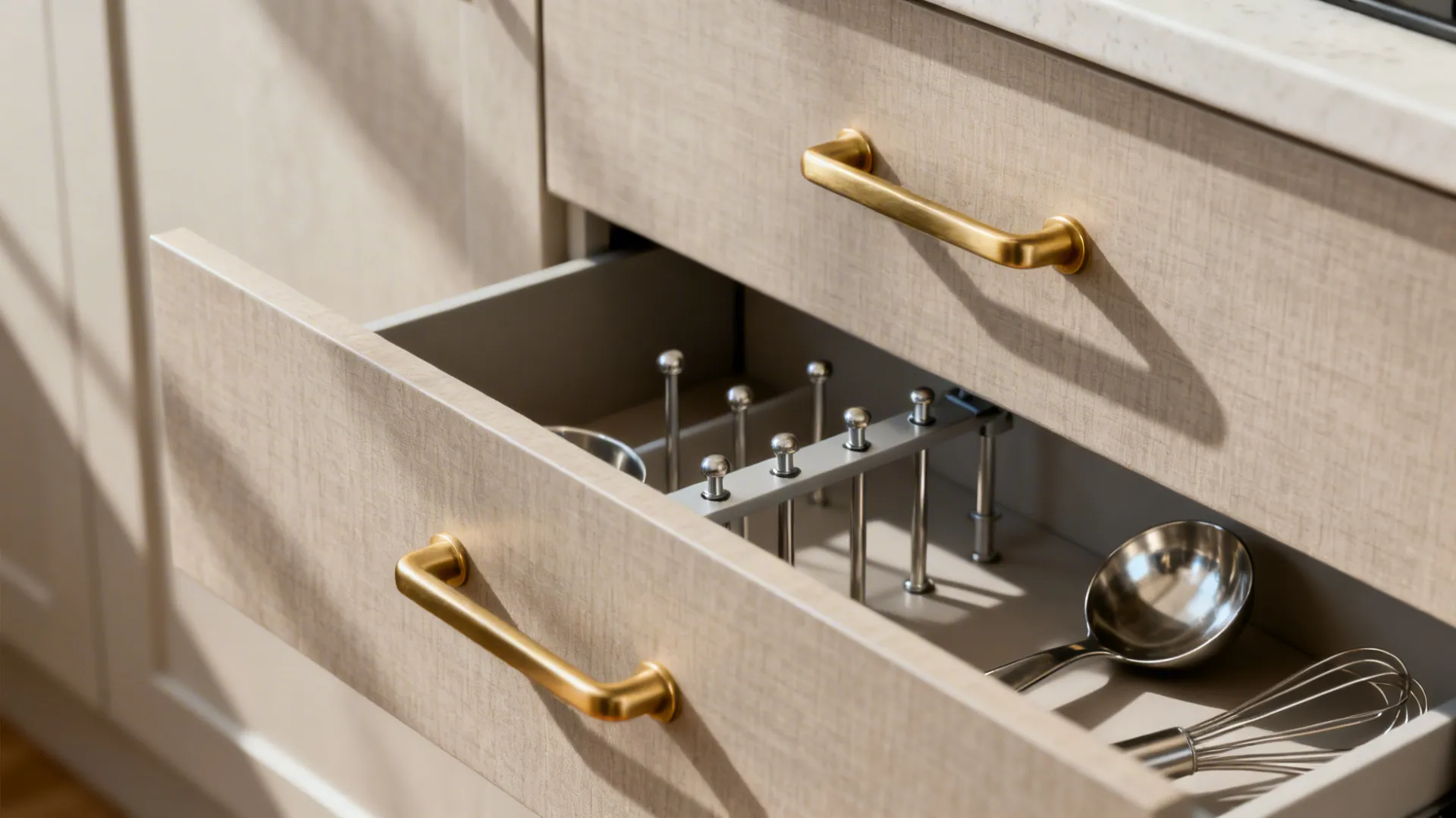 Open kitchen drawer with gold handles featuring a peg organizer system holding various cooking utensils