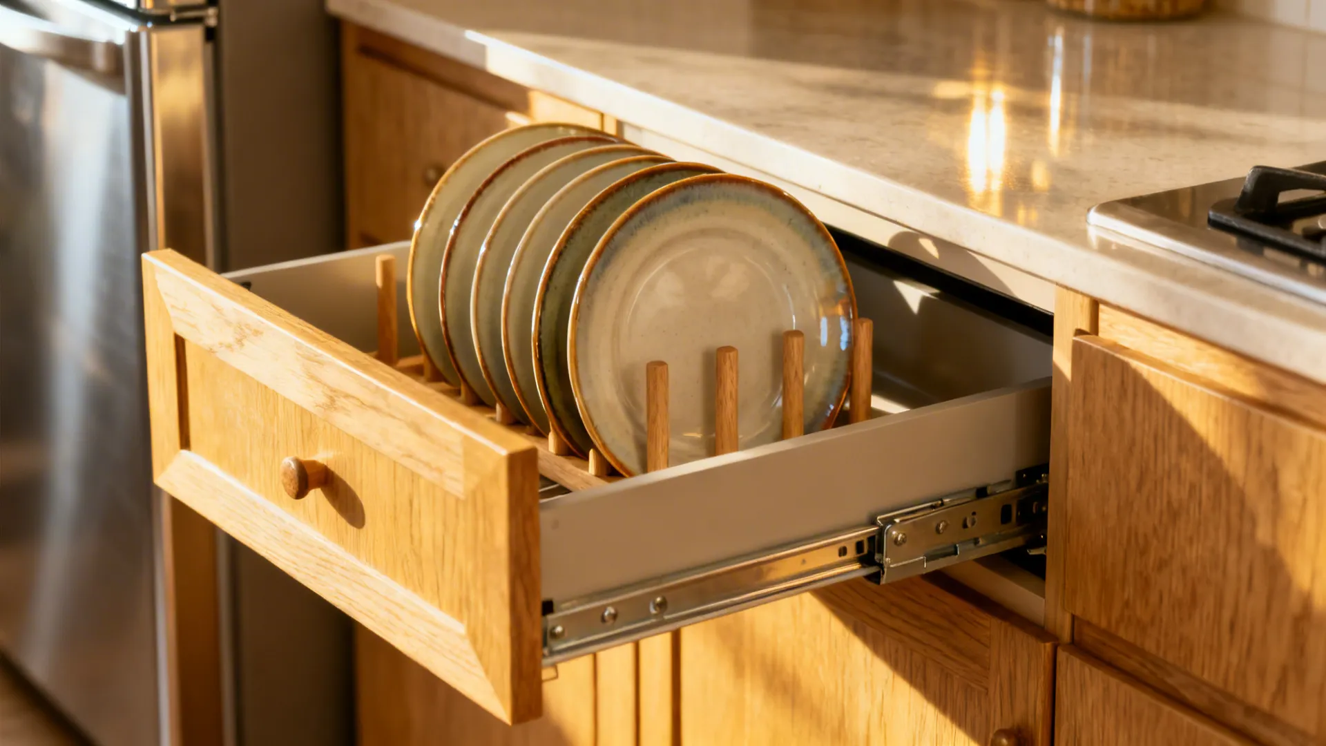Close-up of a soft-close drawer with plate pegs and full-extension slides.