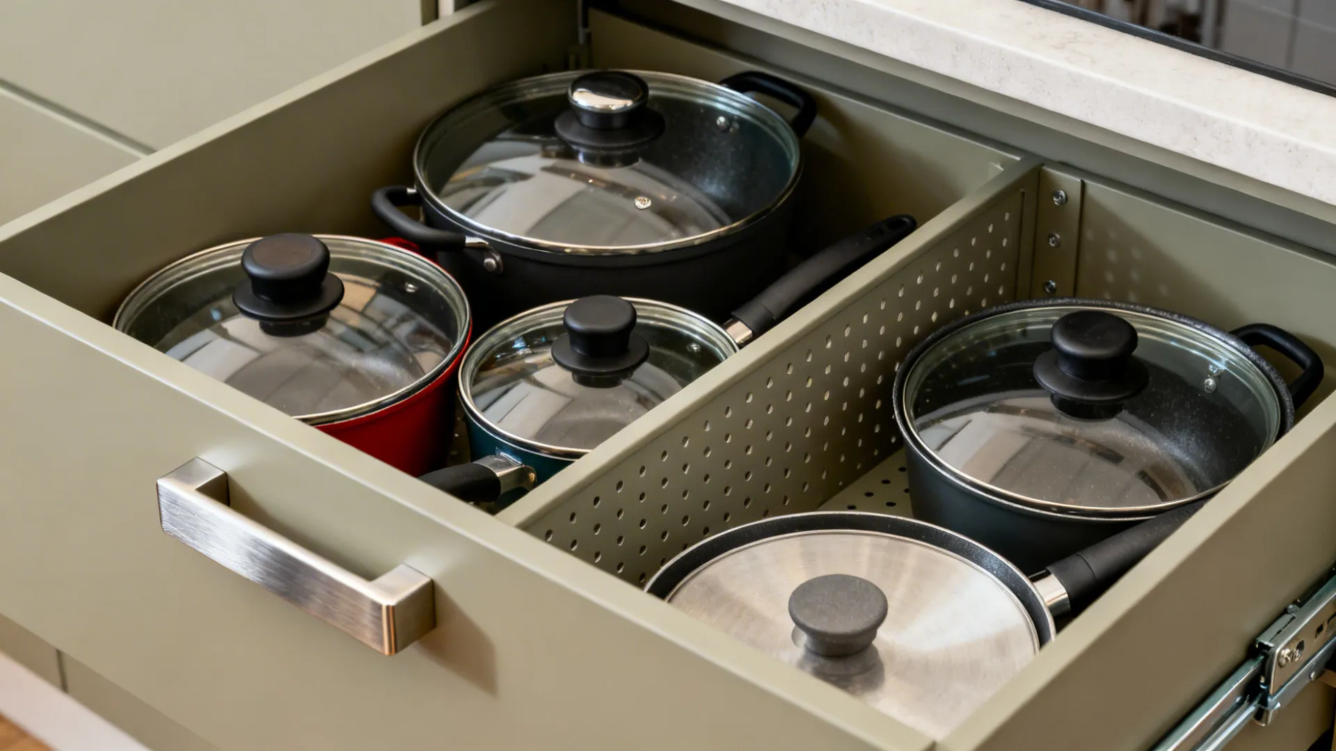Macro of deep drawer with peg organizer securing pots and lids on soft-close runners.