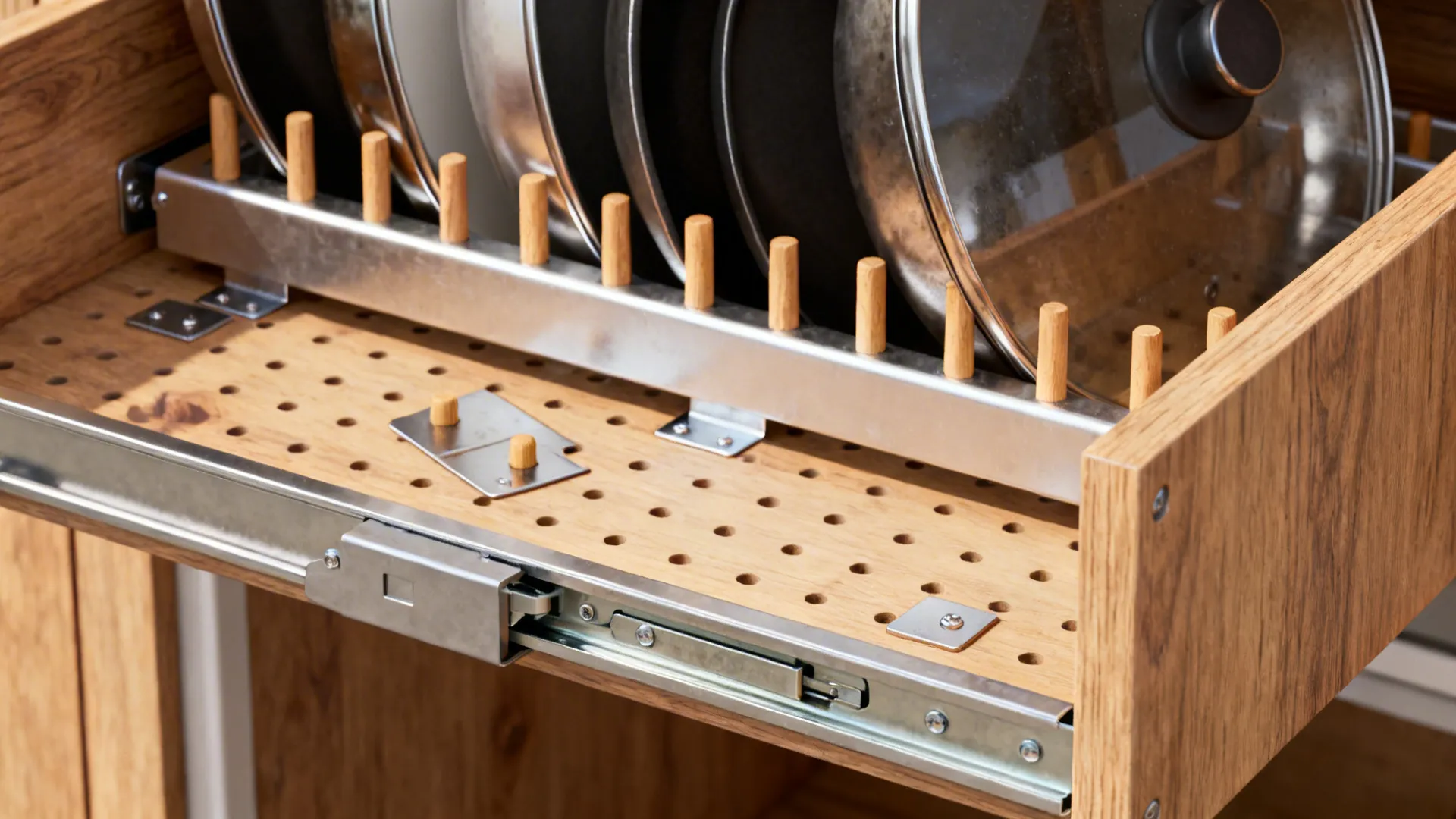 Macro of pegboard drawer with wooden pegs and divider rail securing dishes and lids.
