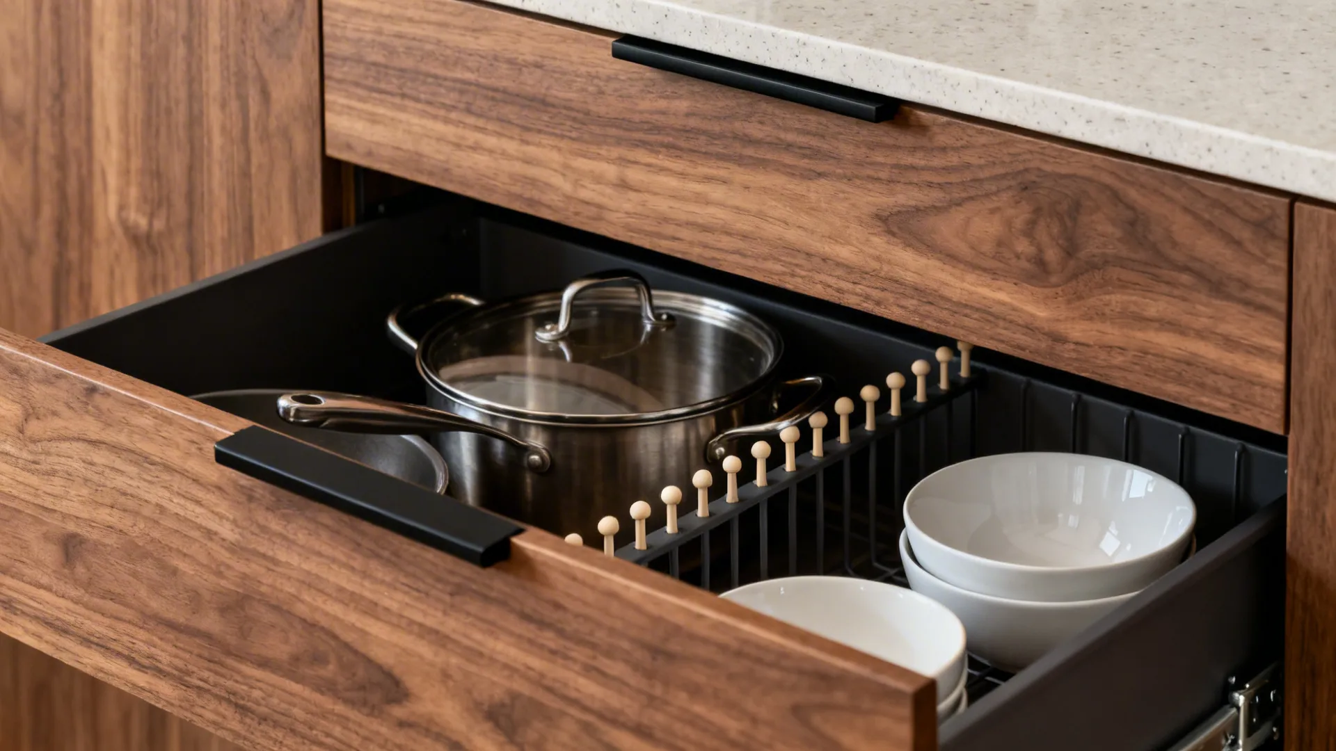 Open wooden kitchen drawer with a peg organizer holding metal pots and white ceramic bowls