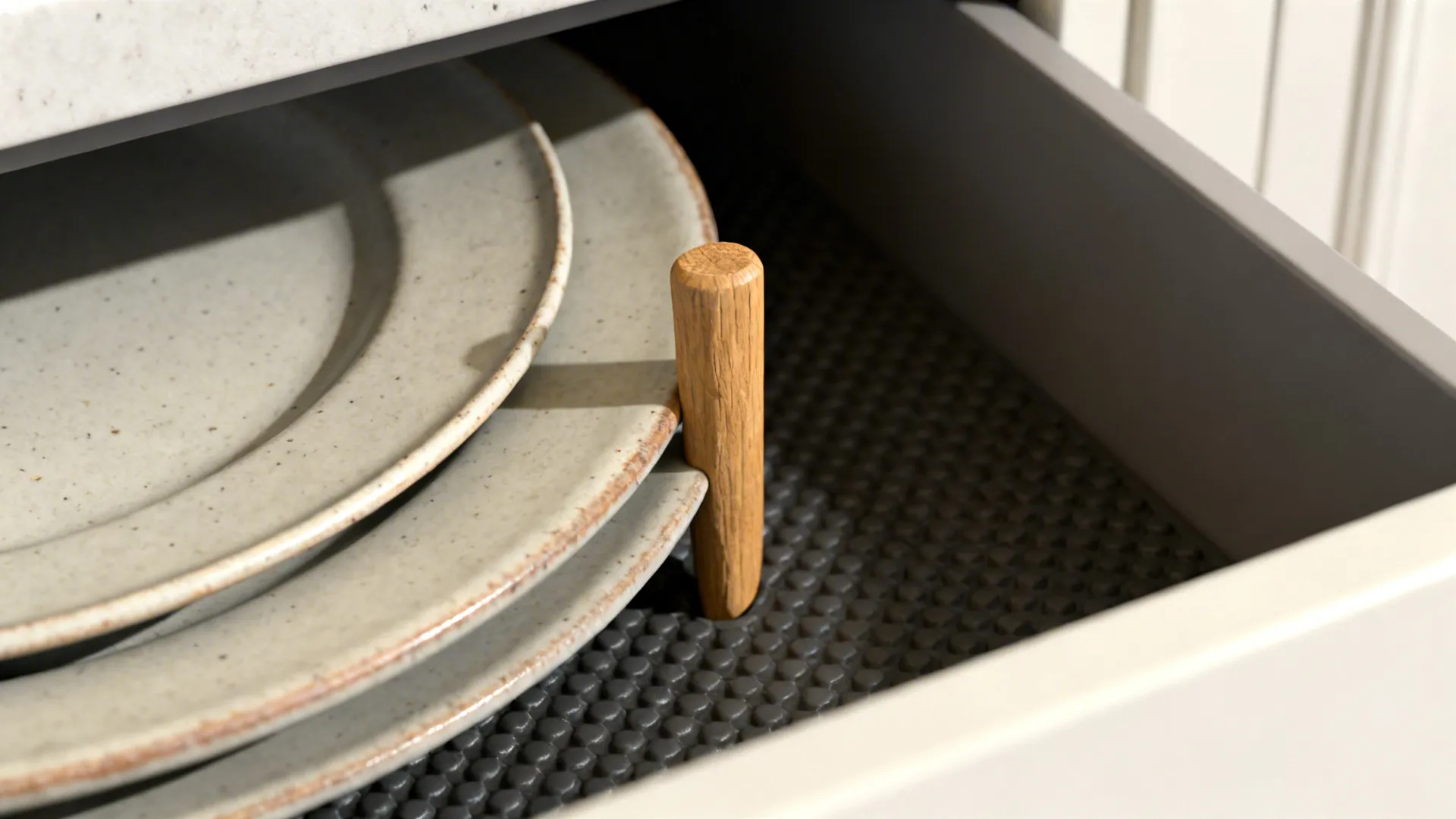 Macro of wooden pegs holding matte stoneware plates on a non-slip rubber mat.