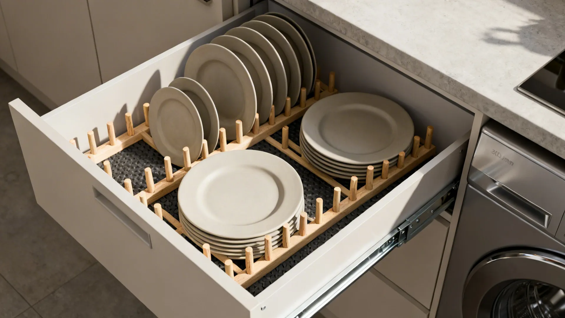 Top-down view of a deep drawer with wooden pegs securing dinner plates on a rubber mat.