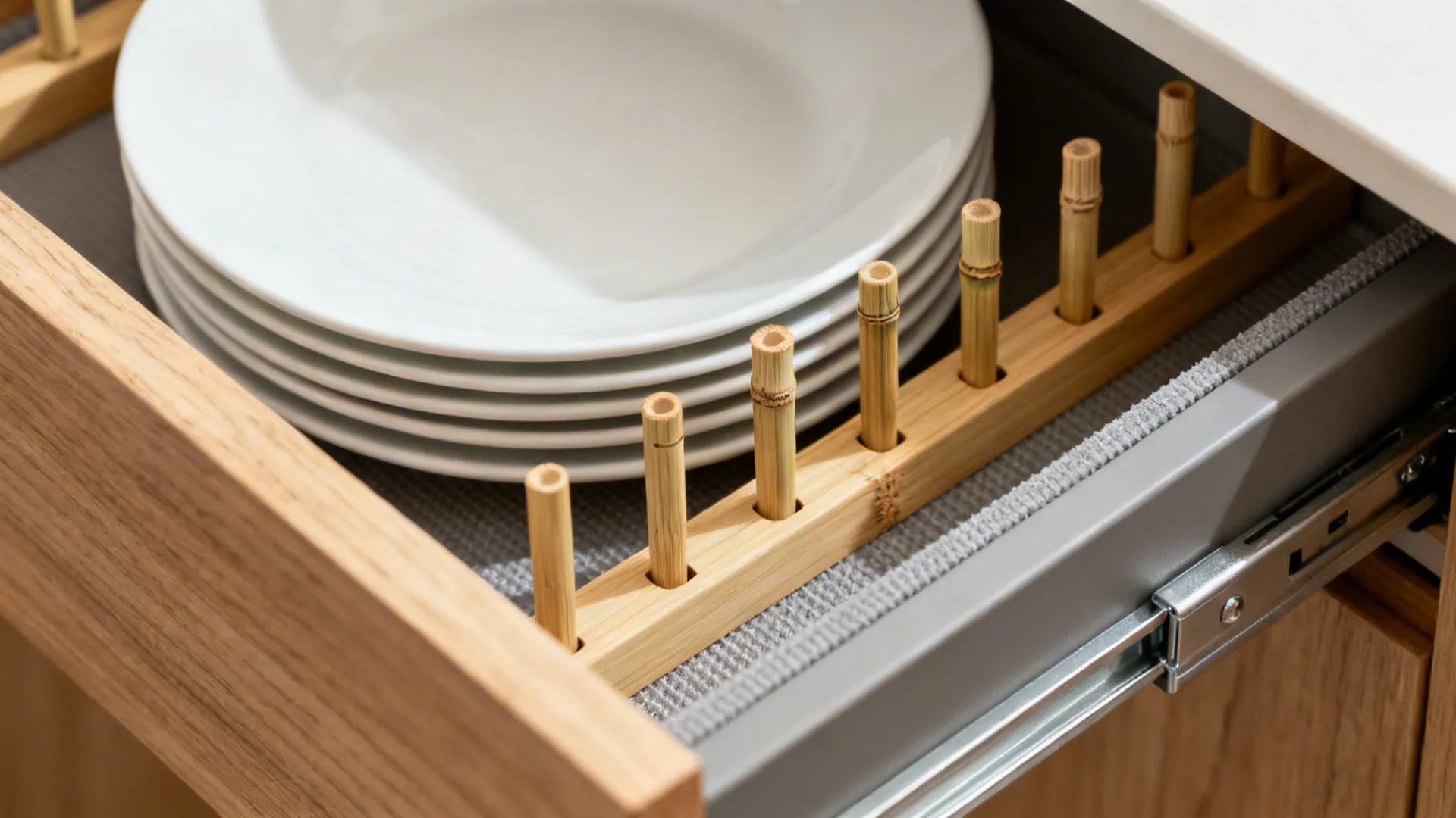 Close-up of bamboo peg dividers holding white plates in a soft-close kitchen drawer.