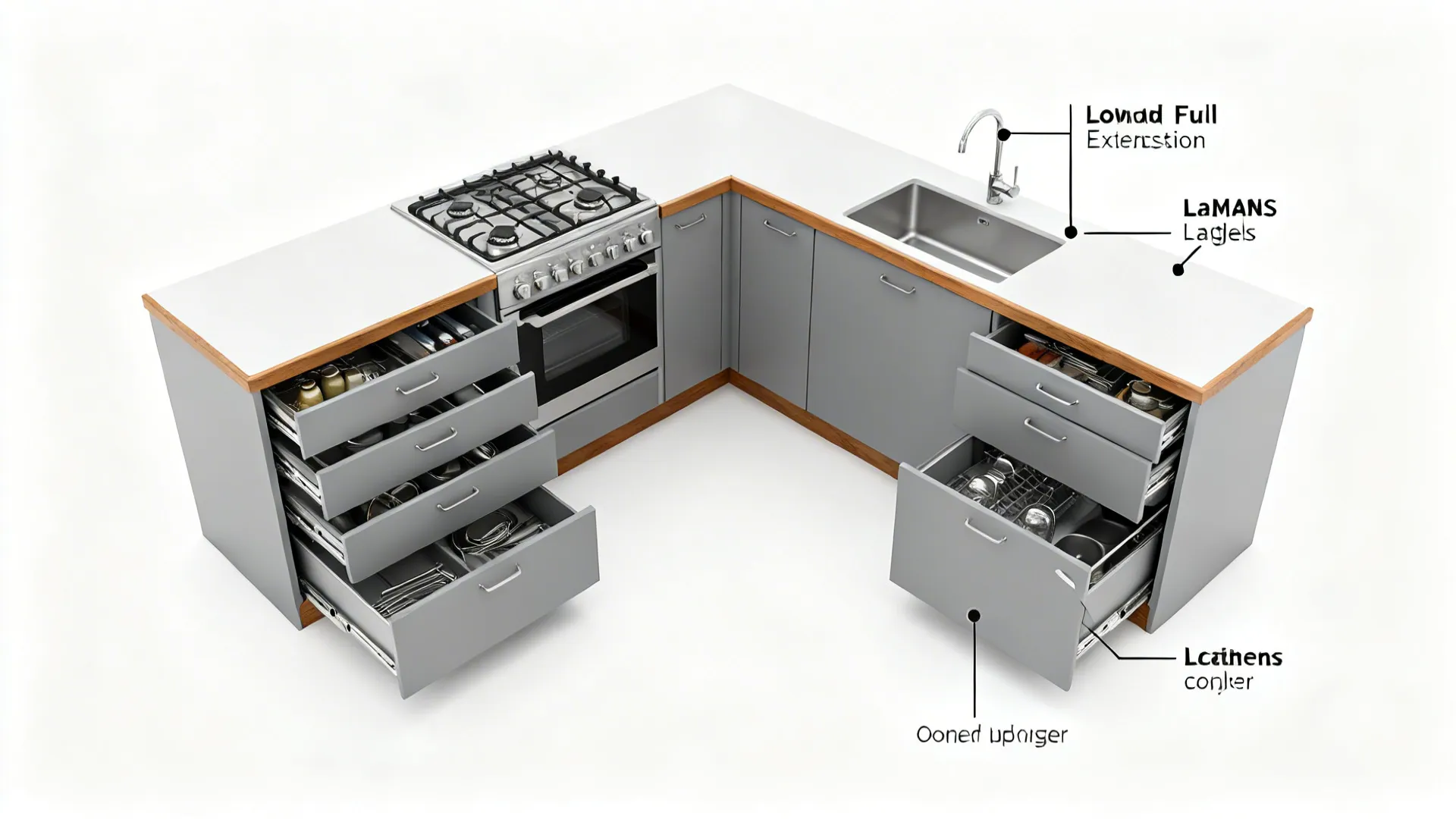 Top-down layout showing drawer-first bases with an open LeMans corner pullout in an L-shaped kitchen.
