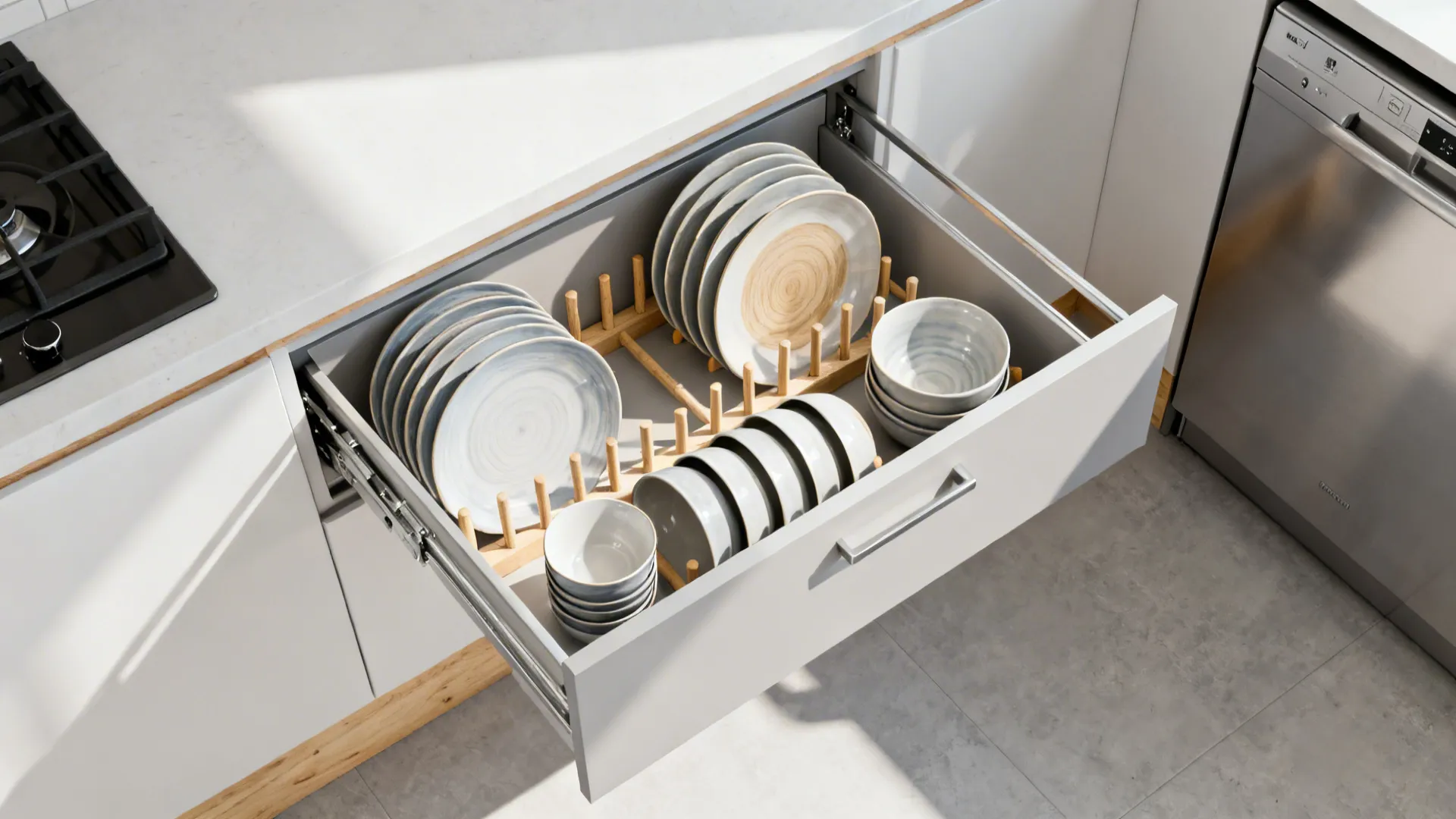 Top-down view of a deep kitchen drawer with peg organizers holding plates beside a dishwasher.
