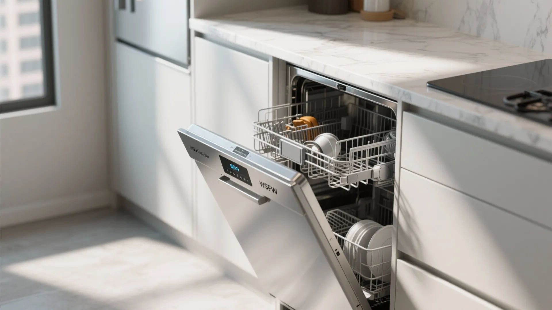Open dishwasher with dishes inside installed in a modern white kitchen with bright natural light