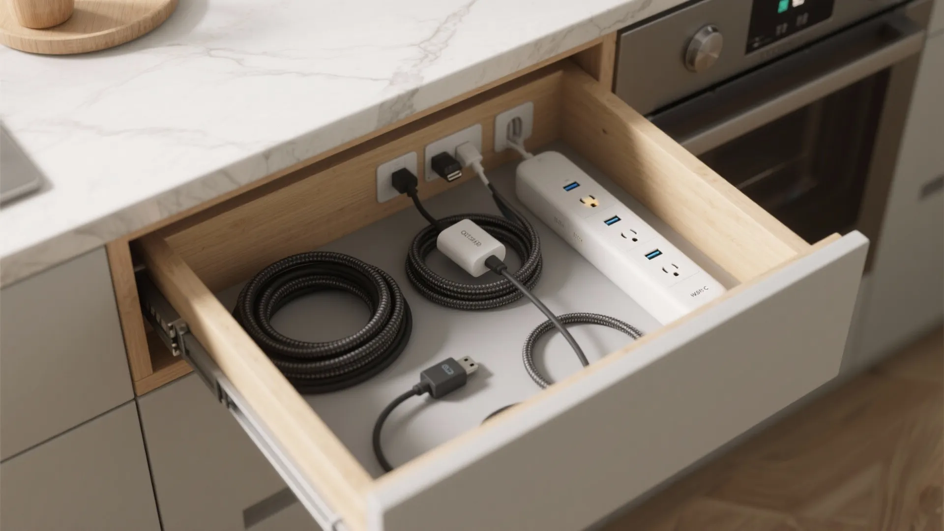 Wooden kitchen drawer with built in electrical outlets charging multiple devices using power strip cables