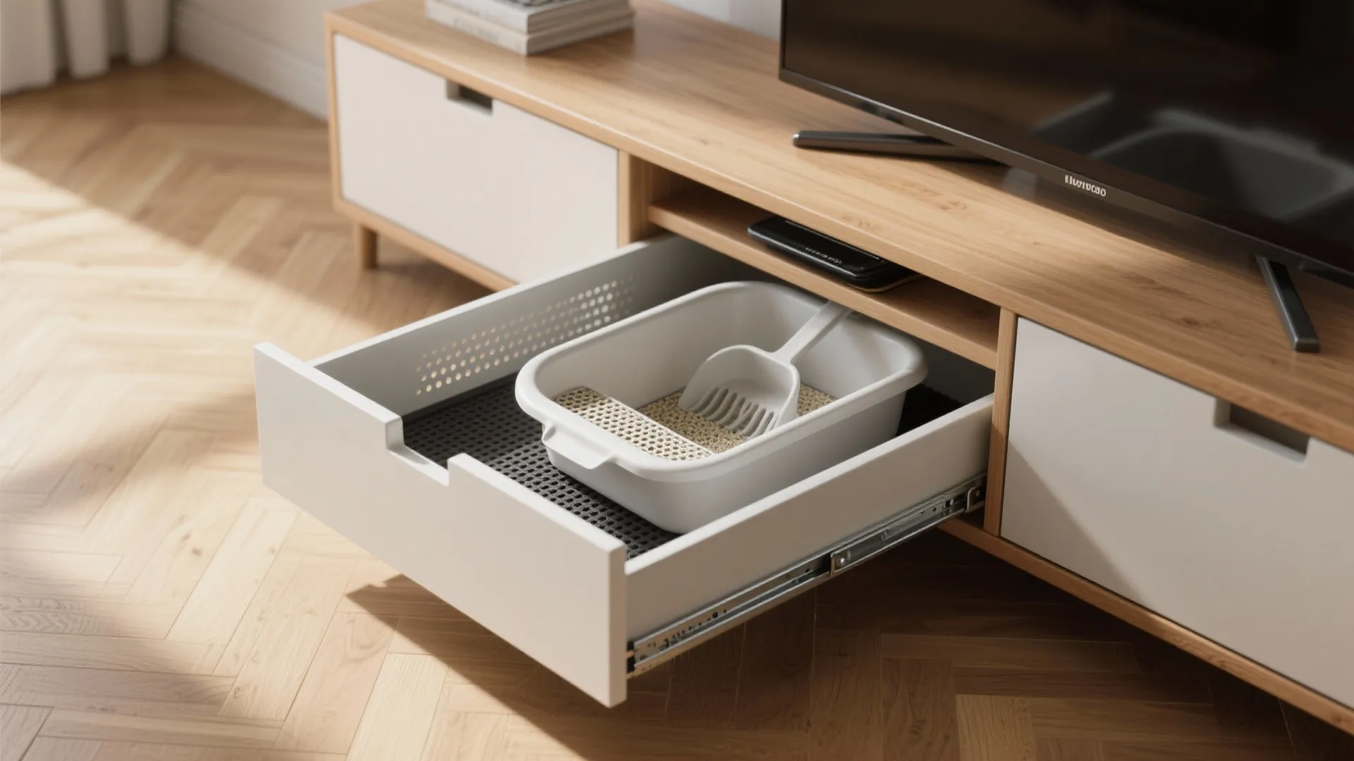 White cat litter box with scoop stored inside an open wooden television cabinet pullout drawer