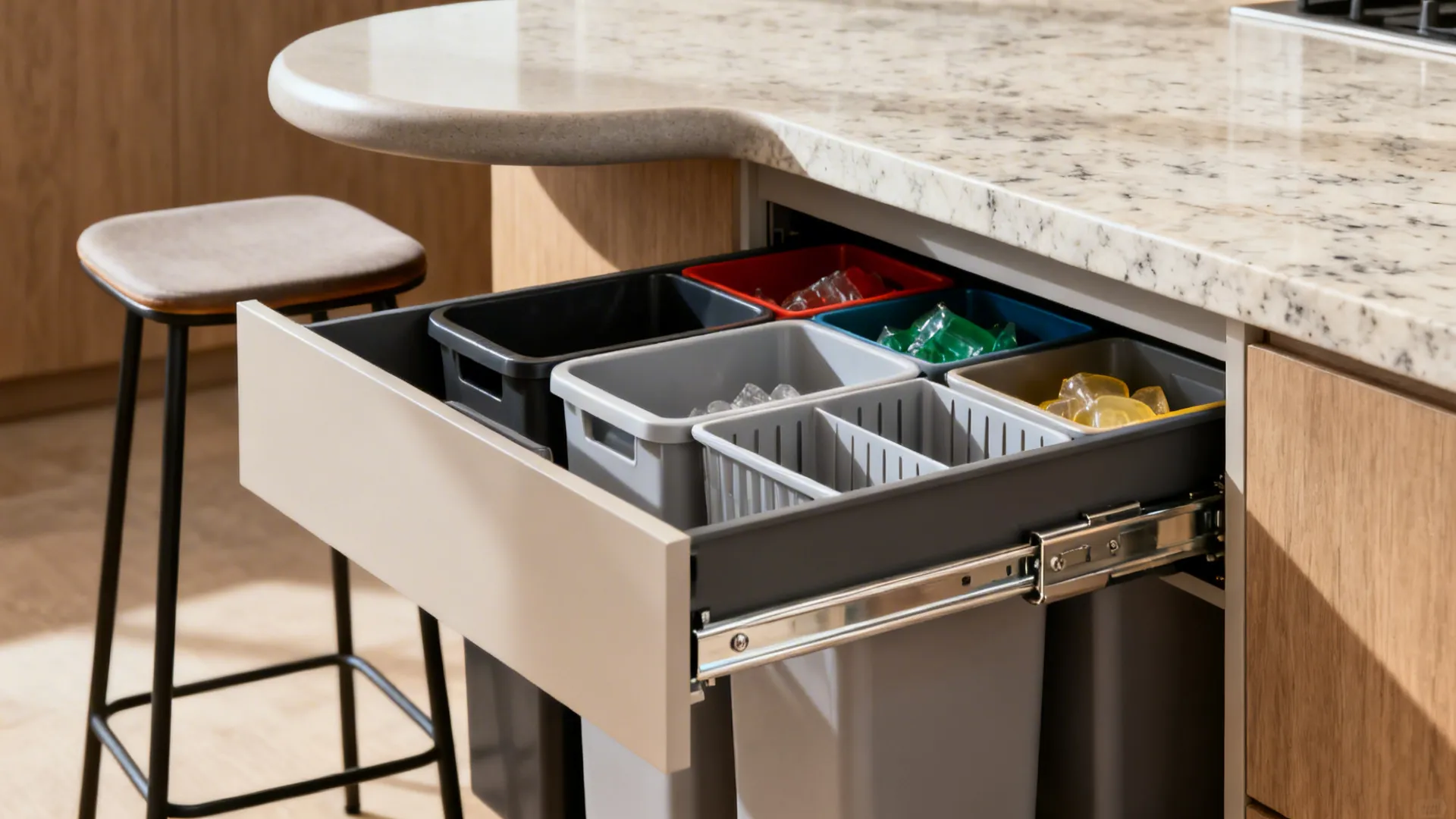 Macro of full-extension drawer with recycling bins and rounded countertop overhang.