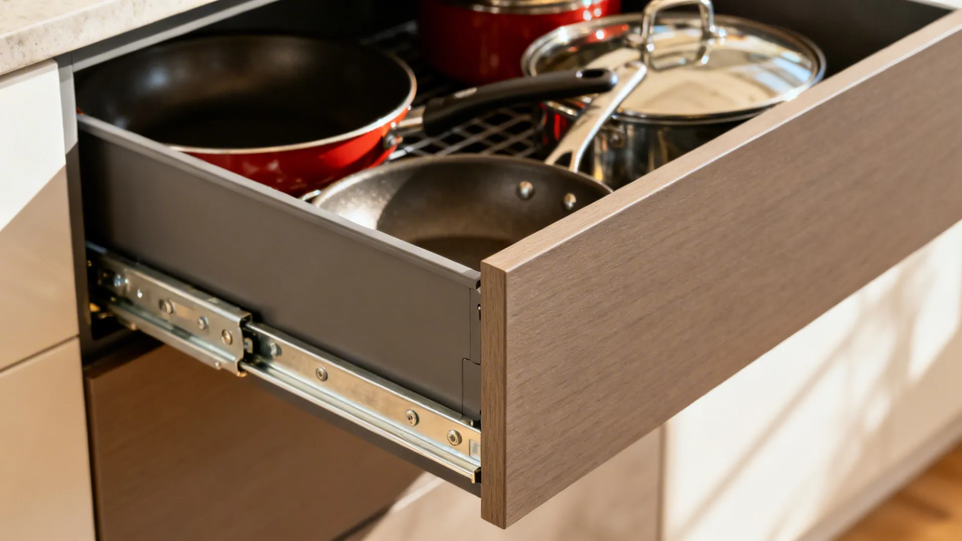 Macro of a full-extension soft-close drawer runner and metal-sided drawer box.