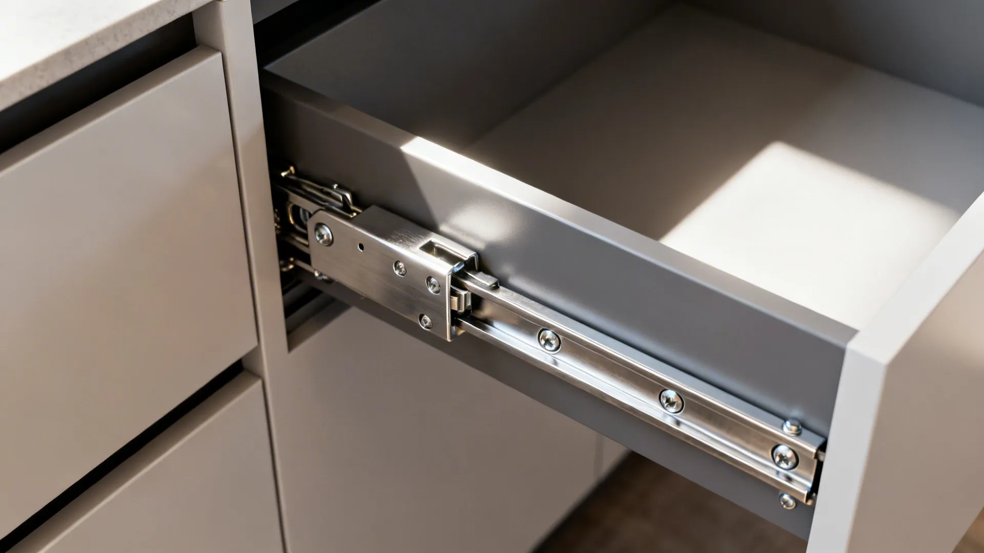 Macro view of a premium drawer runner and soft-close hinge inside a cabinet.