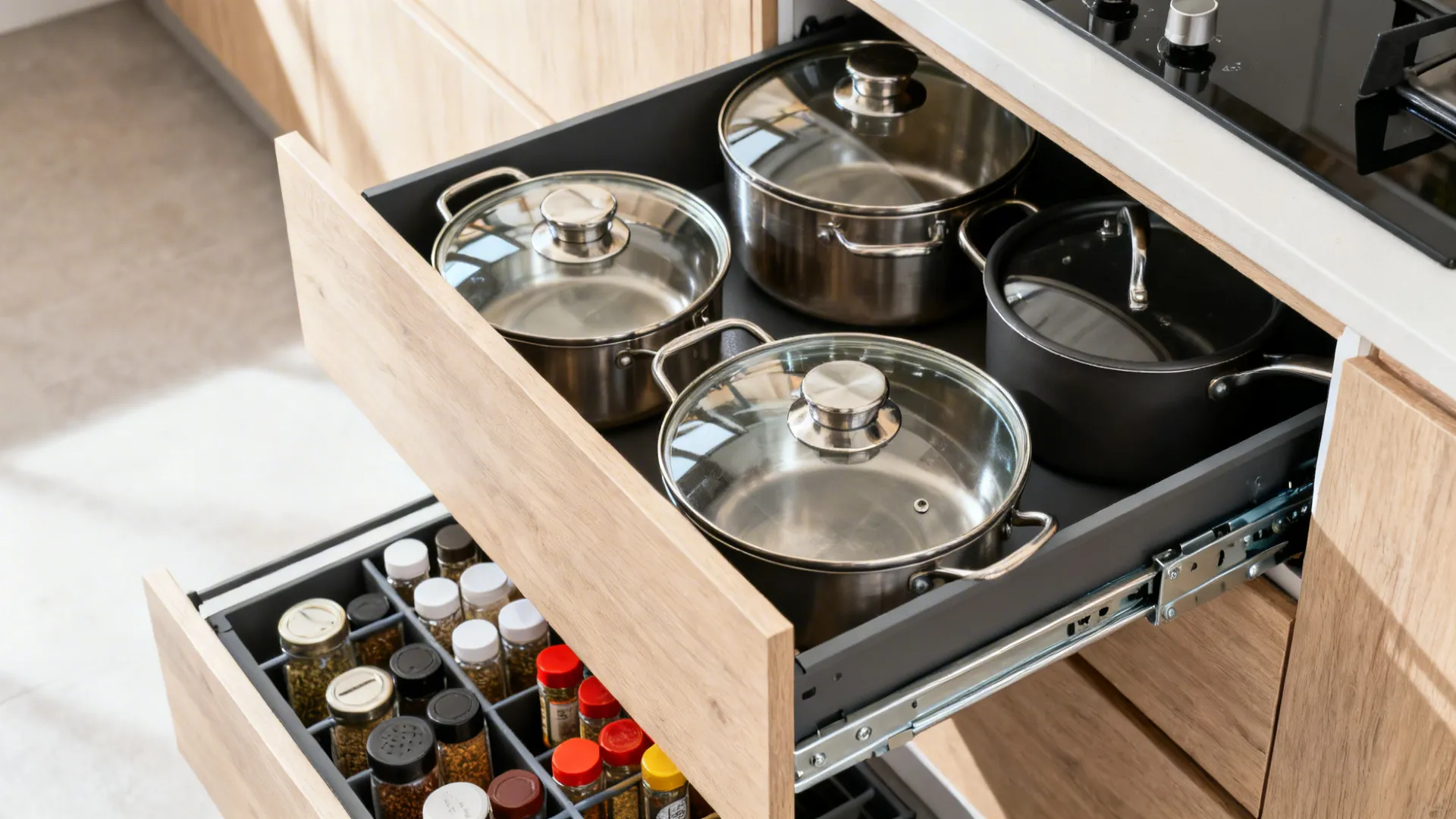 Open kitchen wooden drawers storing stainless steel pots and various spice jars on a metal rack