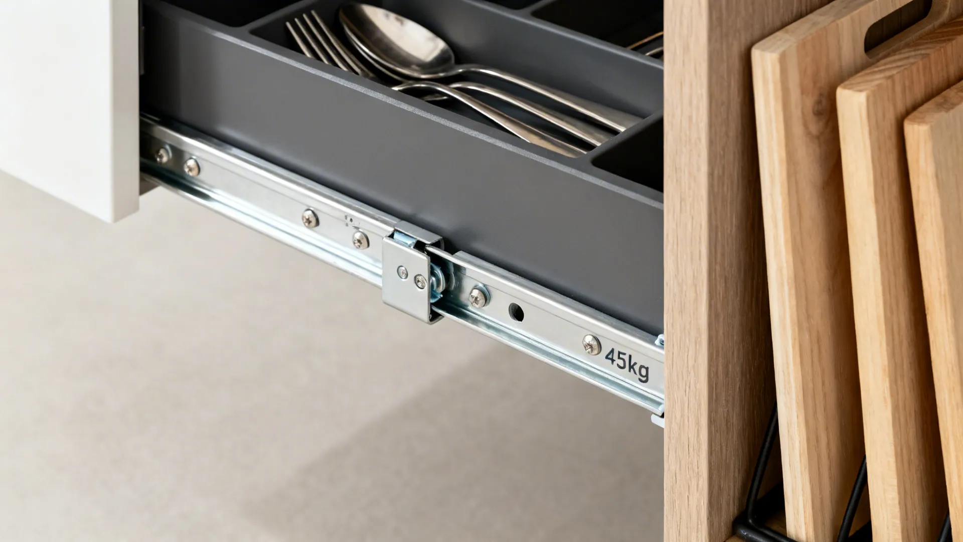 Close-up of 45 kg full-extension drawer runner with organized insert and nearby vertical divider.