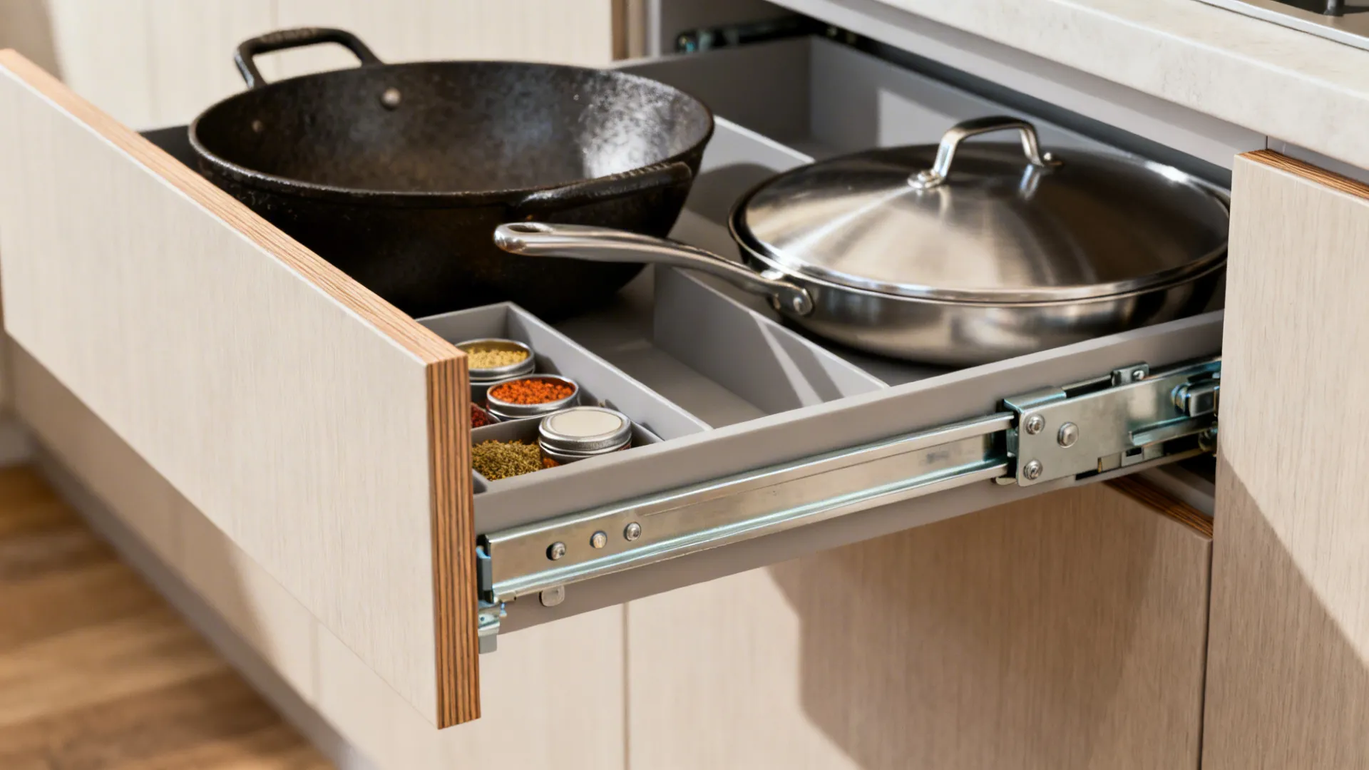 Minimalist modular cabinetry with deep drawer stacks