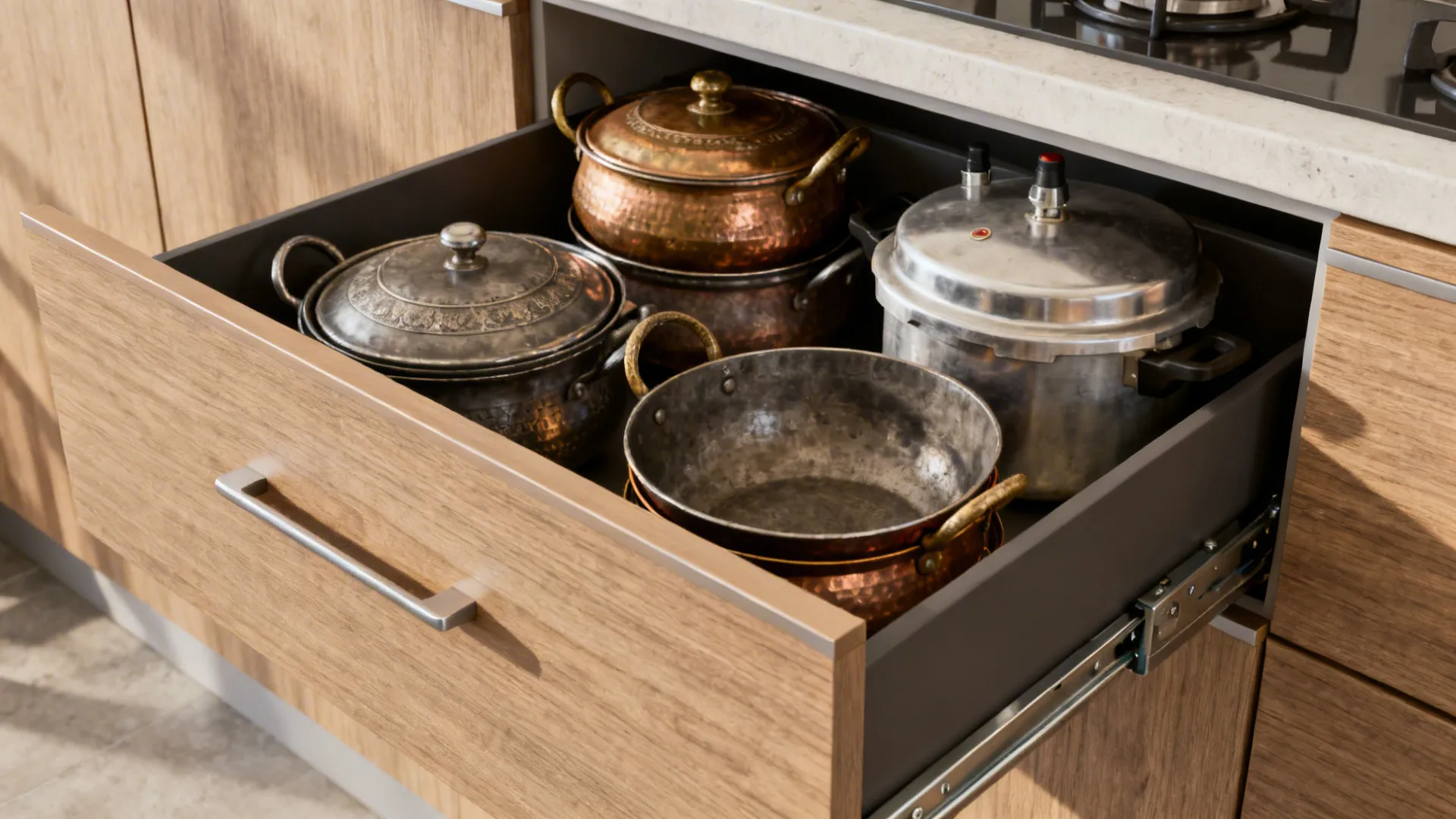 Open wooden kitchen drawer filled with multiple metal cooking pots and pans in a modern home