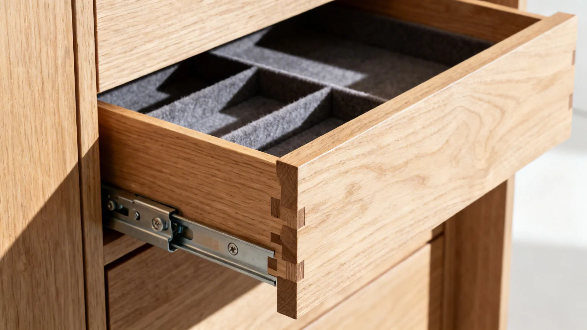 Macro of oak drawer with soft-close runners and felt-lined jewelry tray.