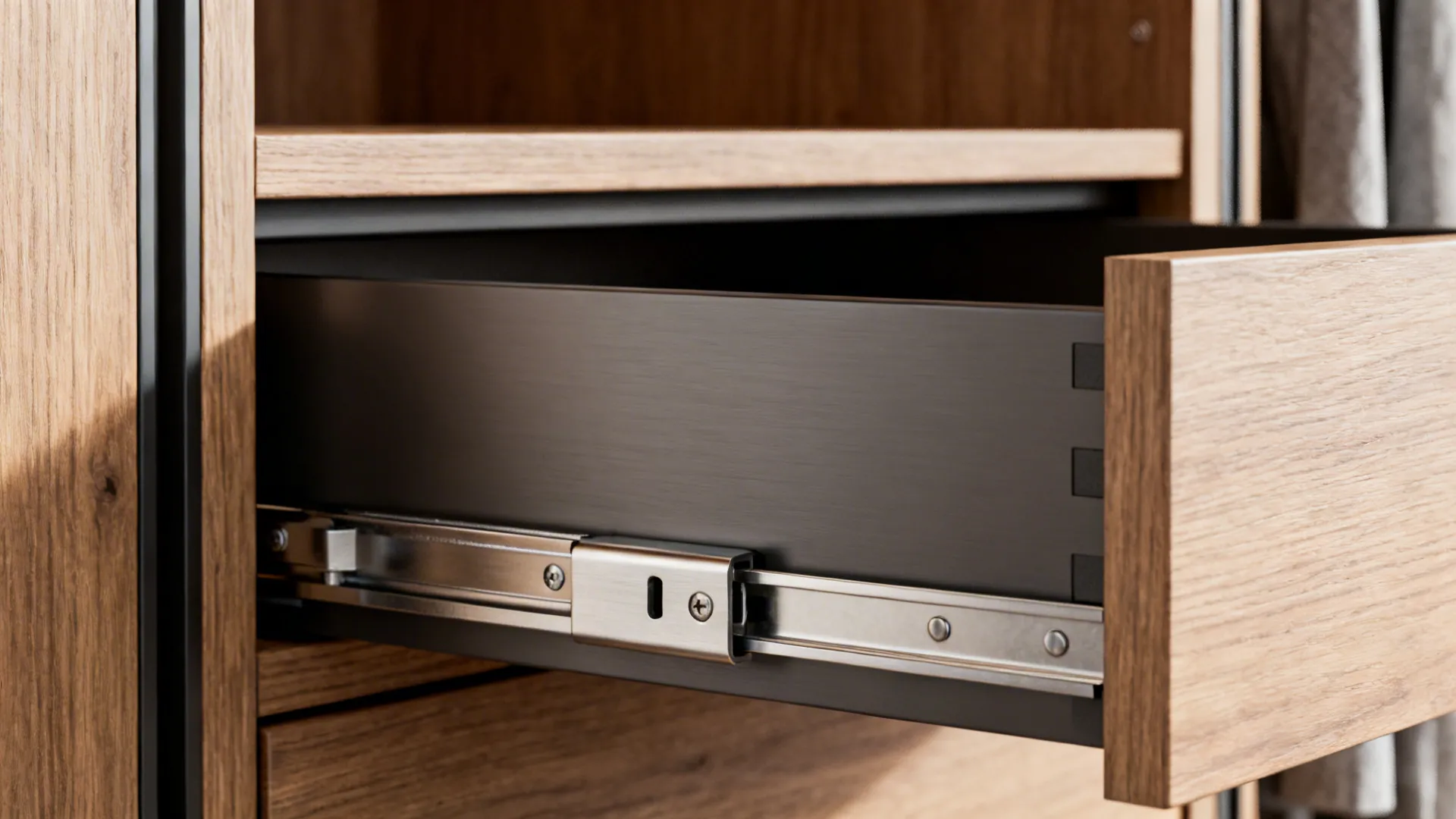 Close-up of high-quality wardrobe drawer runners and matte front detailing.