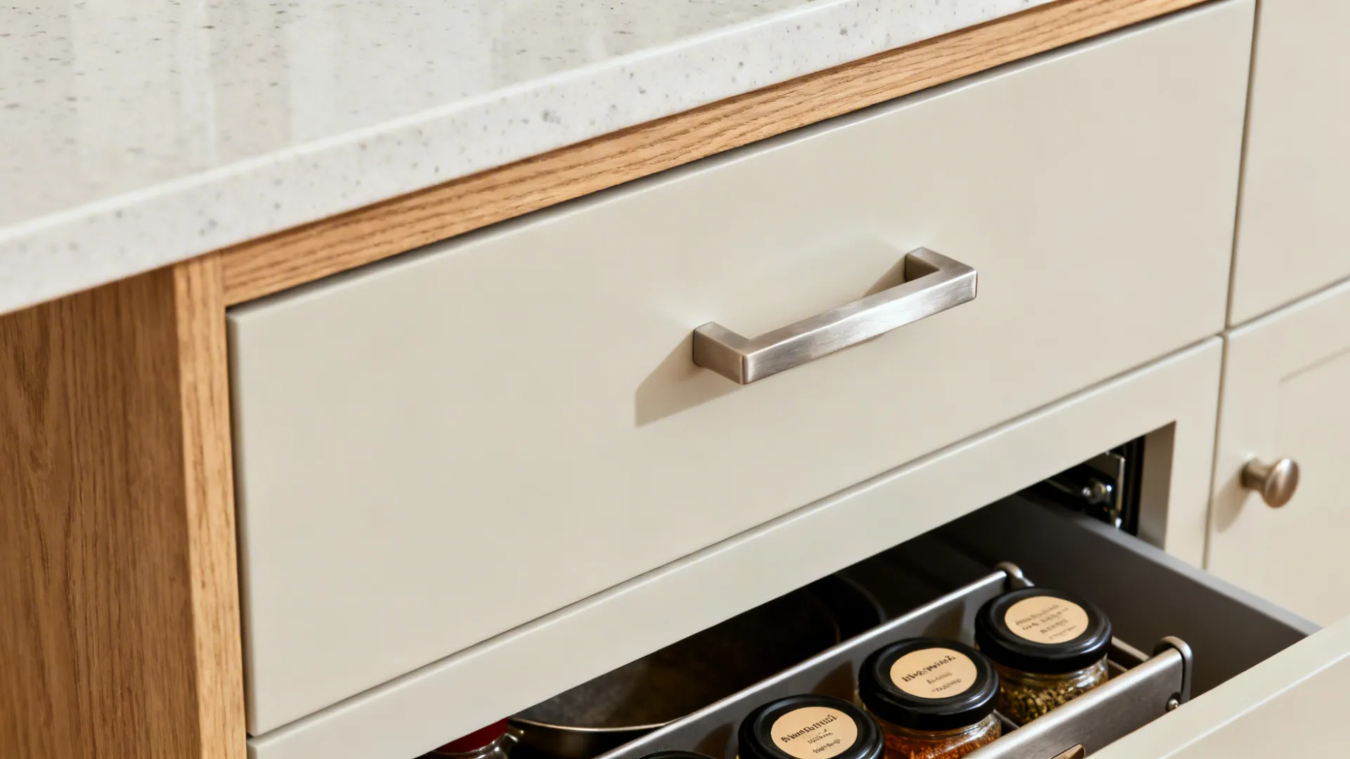 Macro of heavy-duty soft-close drawer runner and spice pull-out inside a matte cabinet.