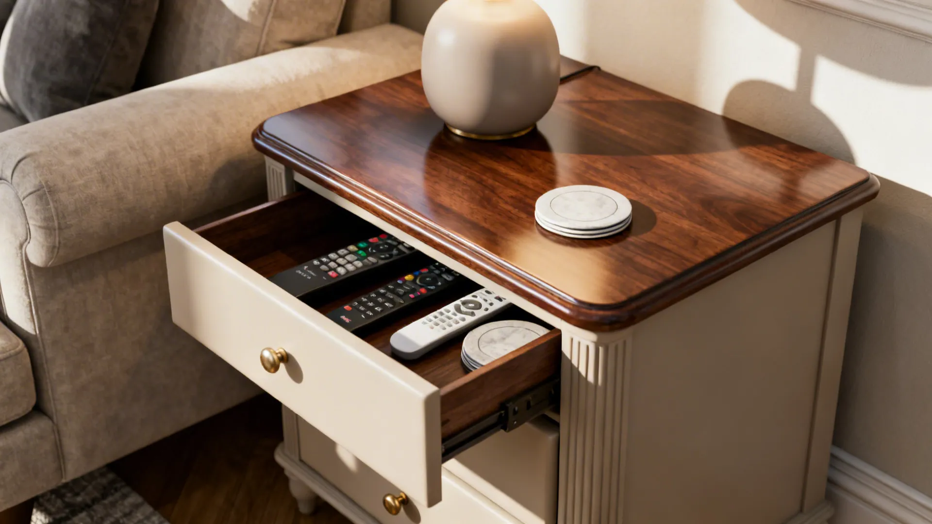 Classic wooden side table with soft-close drawers holding remotes and coasters in a tidy living room corner.