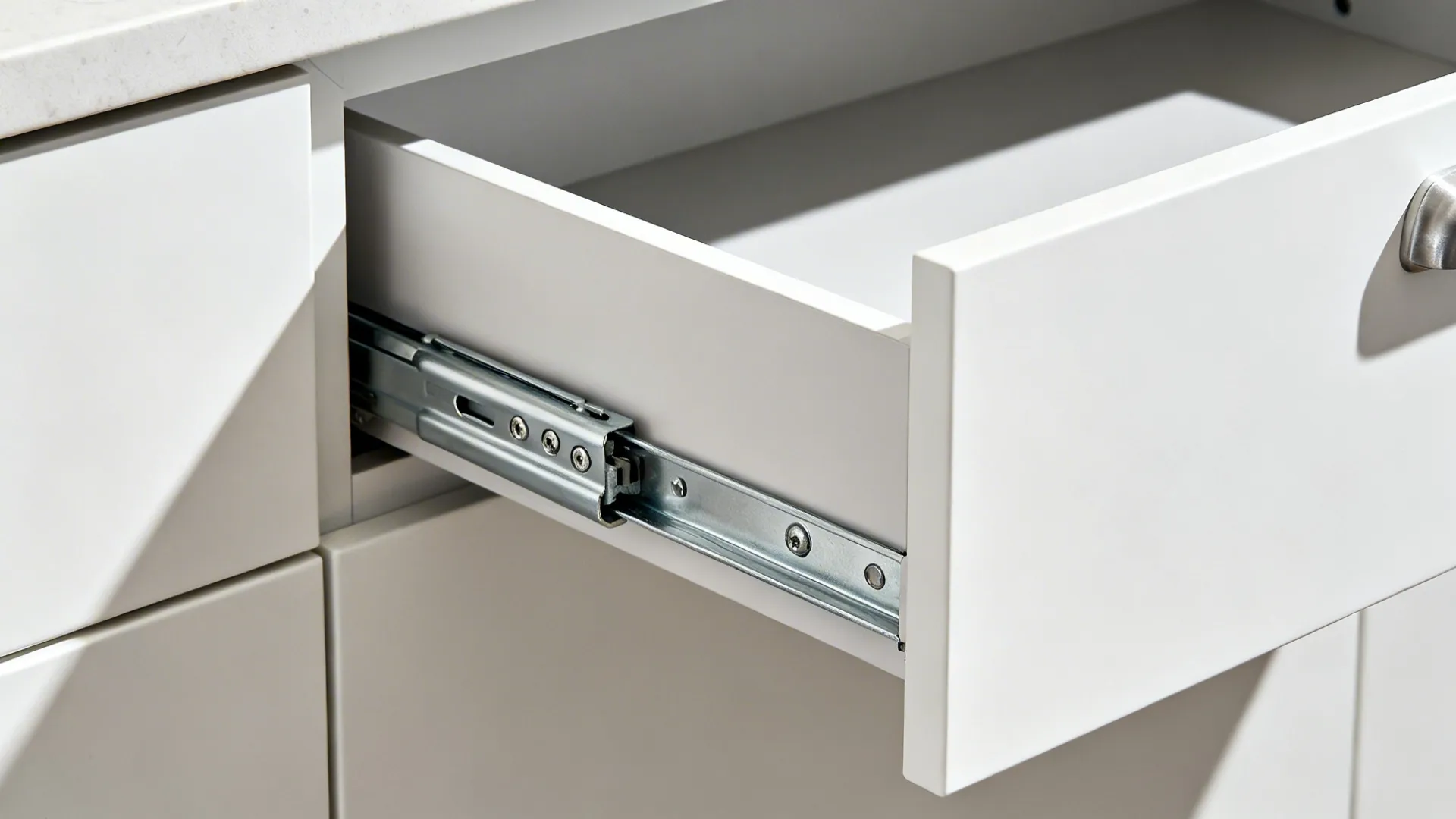 Close-up of full-extension soft-close drawer slide on a kitchen drawer.