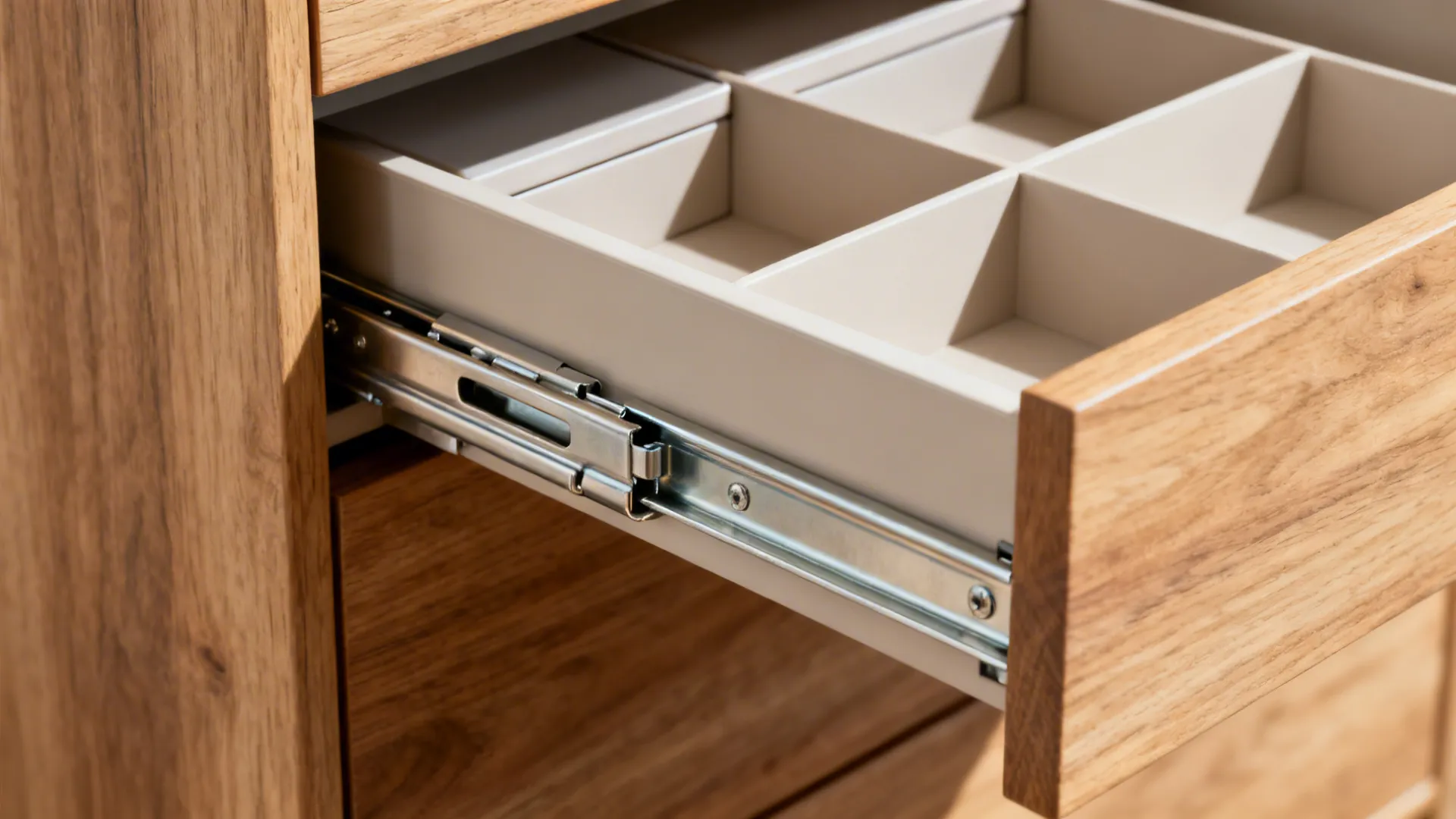 Macro of reinforced full-extension slide and dividers in an angled corner drawer.