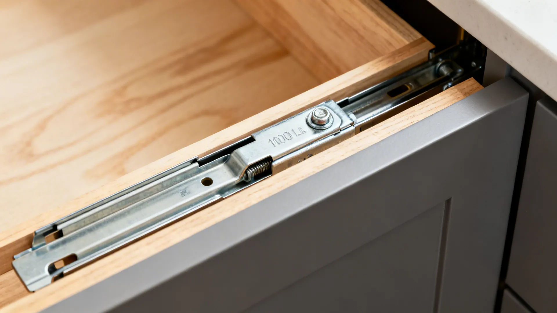 Close-up of a heavy-duty soft-close drawer slide on a deep kitchen drawer.