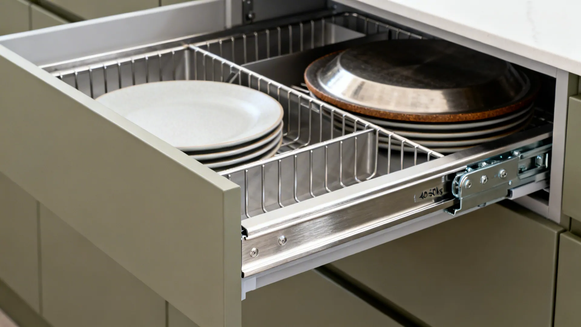 Macro of heavy-duty drawer slide and stainless dividers holding cookware.
