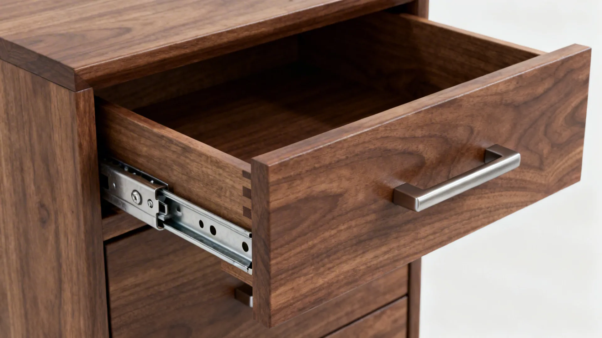 Metal drawer slide mounted on the side of open dark wood cabinet with silver handle