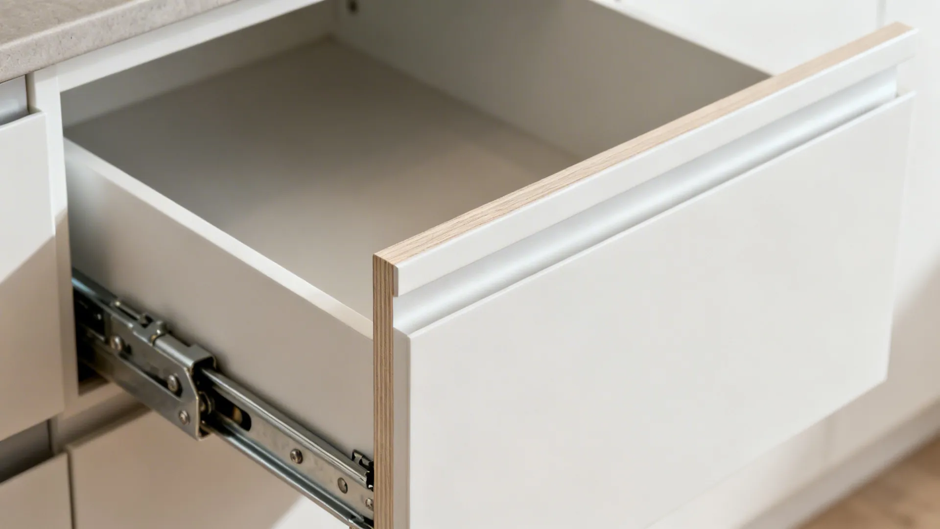 Macro of full-extension soft-close drawer slide in a matte white cabinet.