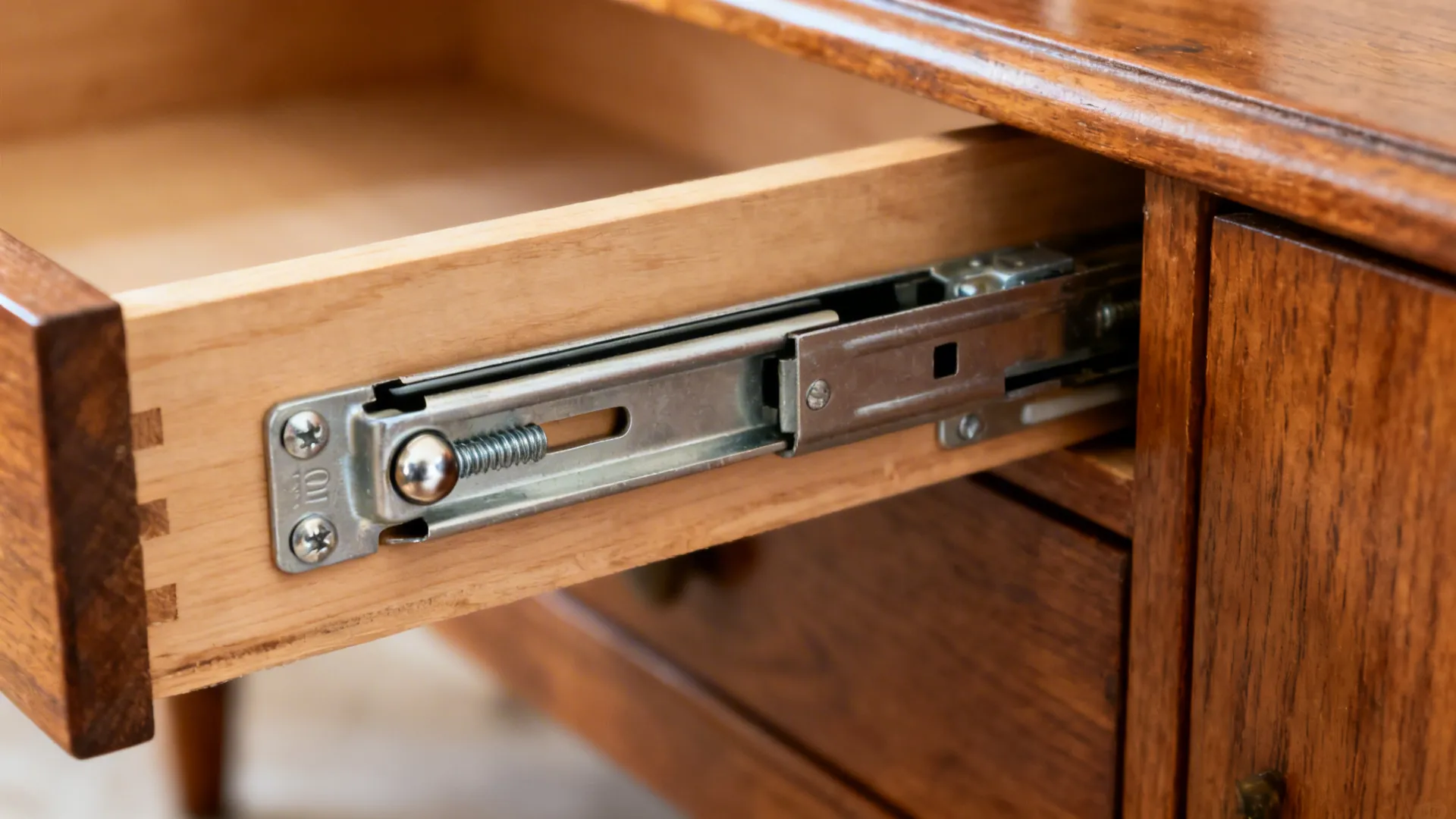 Open wooden drawer showing the metal side rail and screw mechanism in a brown wood desk