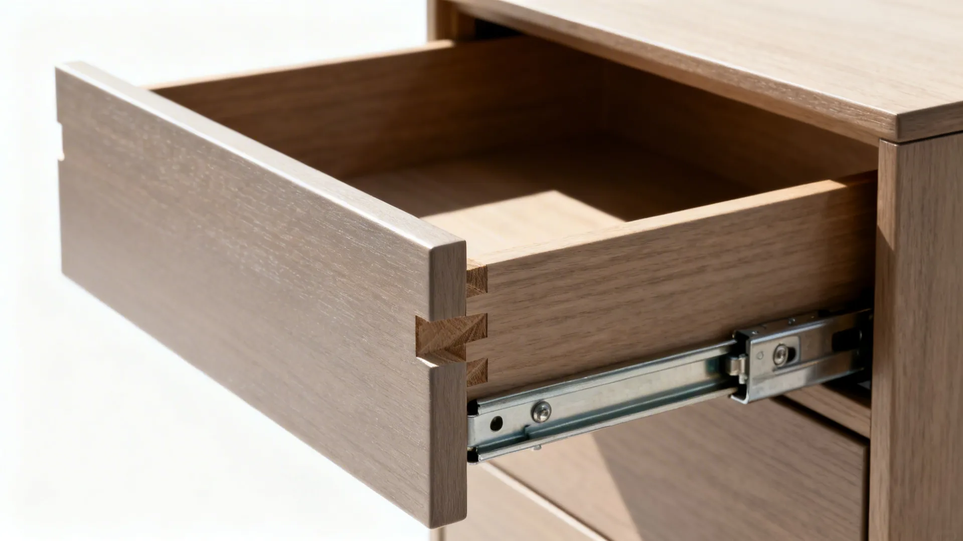 Close-up of a full-extension drawer slide and dovetail drawer box with soft-close.