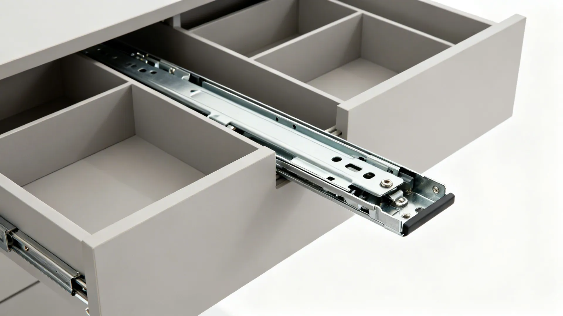 Macro of a full-extension soft-close drawer slide and divider system.