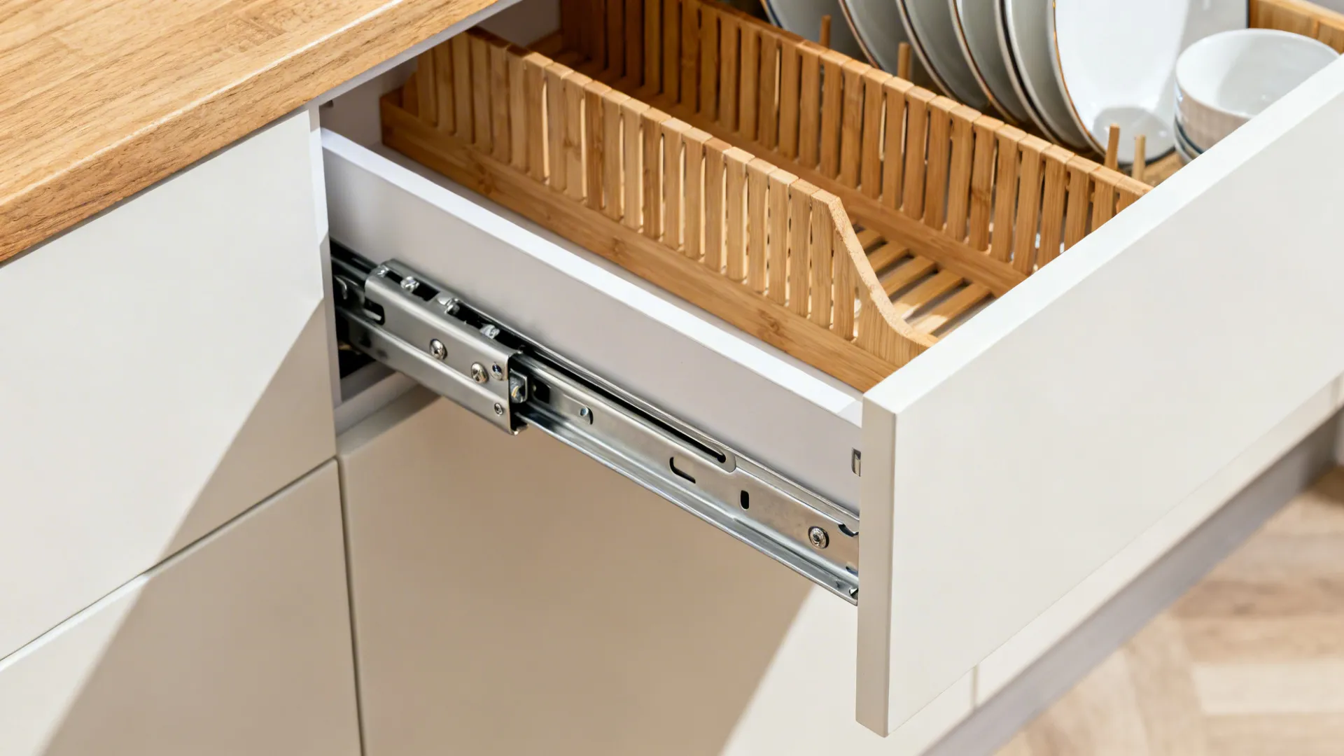 Macro of full-extension drawer slides with bamboo dividers inside a deep kitchen drawer.
