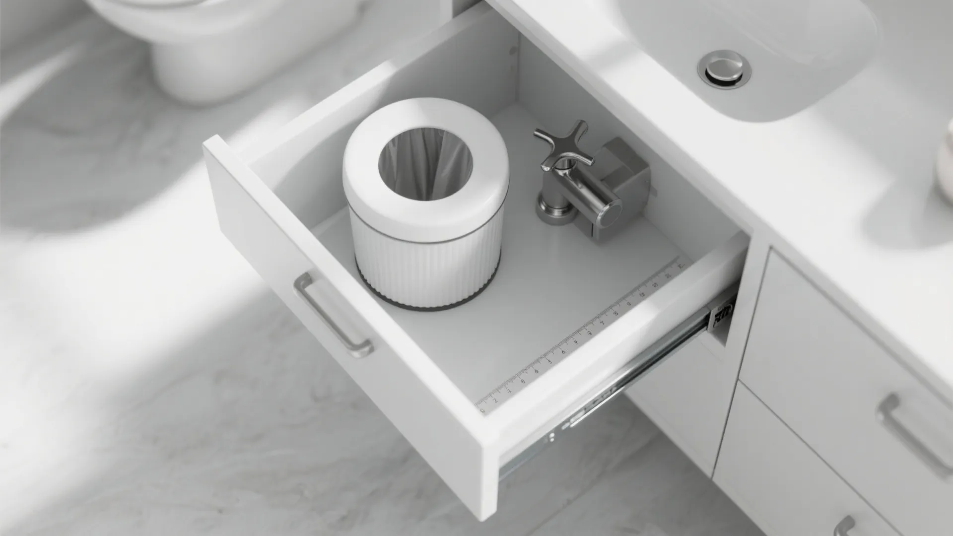 Open white bathroom drawer containing a small round trash bin and a silver metal faucet