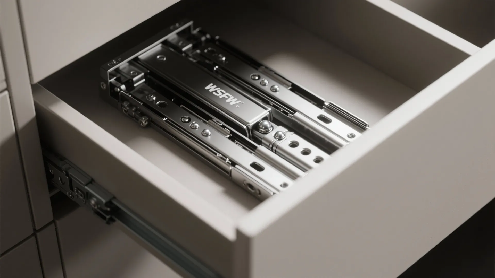 Close up view of metal sliding tracks for a kitchen drawer inside a white cabinet