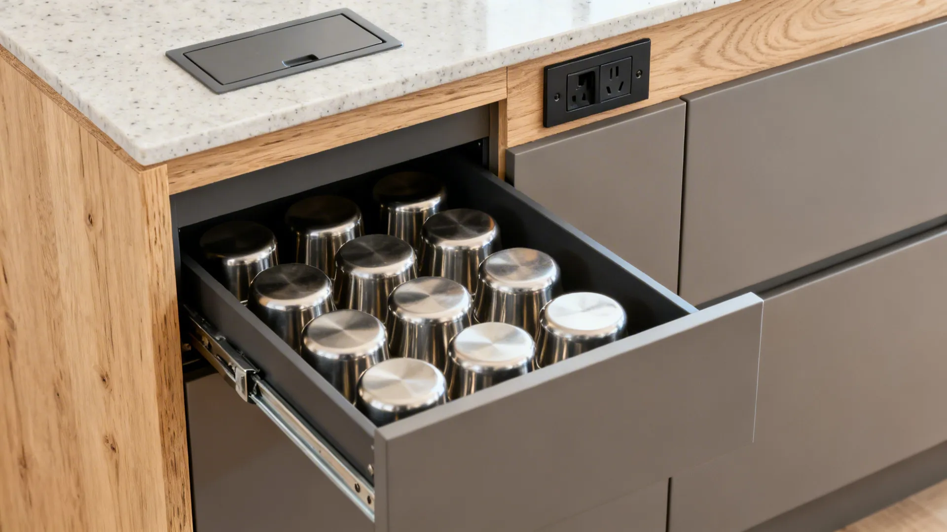 Open grey kitchen drawer filled with metal containers under a wooden frame with power outlets